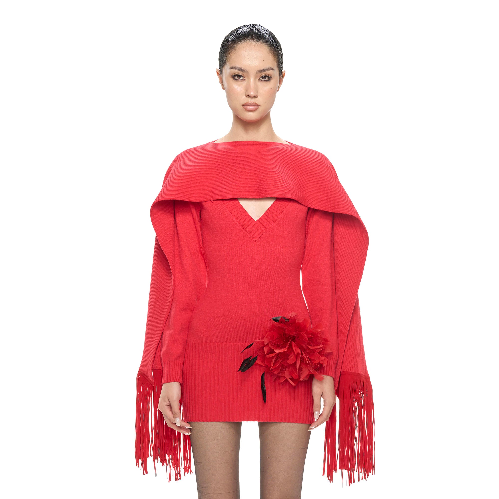 NEVER OFFEND L ANGEL Deep-V Knit Dress with Fringe Cape