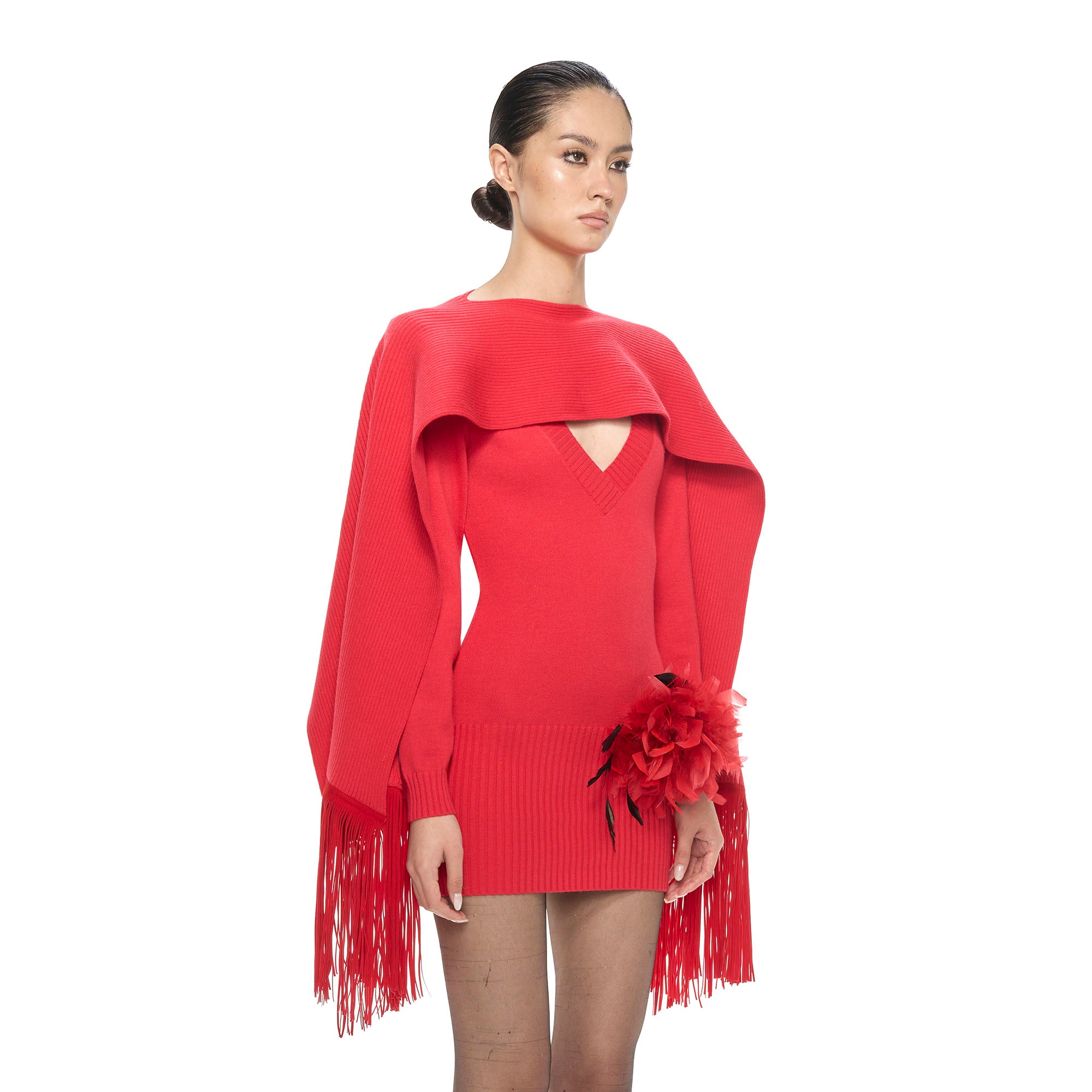 NEVER OFFEND L ANGEL Deep-V Knit Dress with Fringe Cape