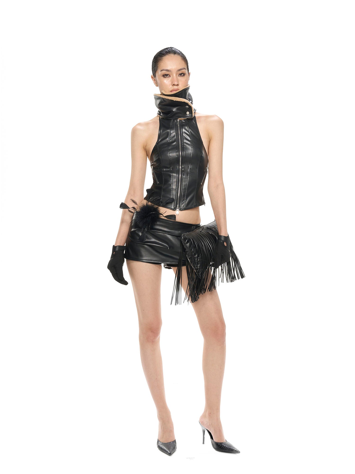 NEVER OFFEND L ANGEL Paneled Faux-Leather Zip-Up Halter Top