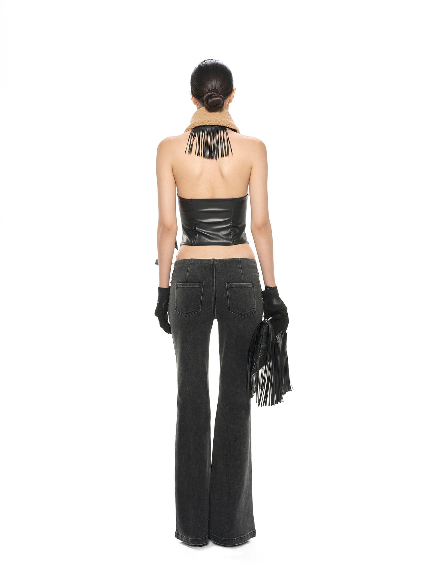 NEVER OFFEND L ANGEL Paneled Faux-Leather Zip-Up Halter Top