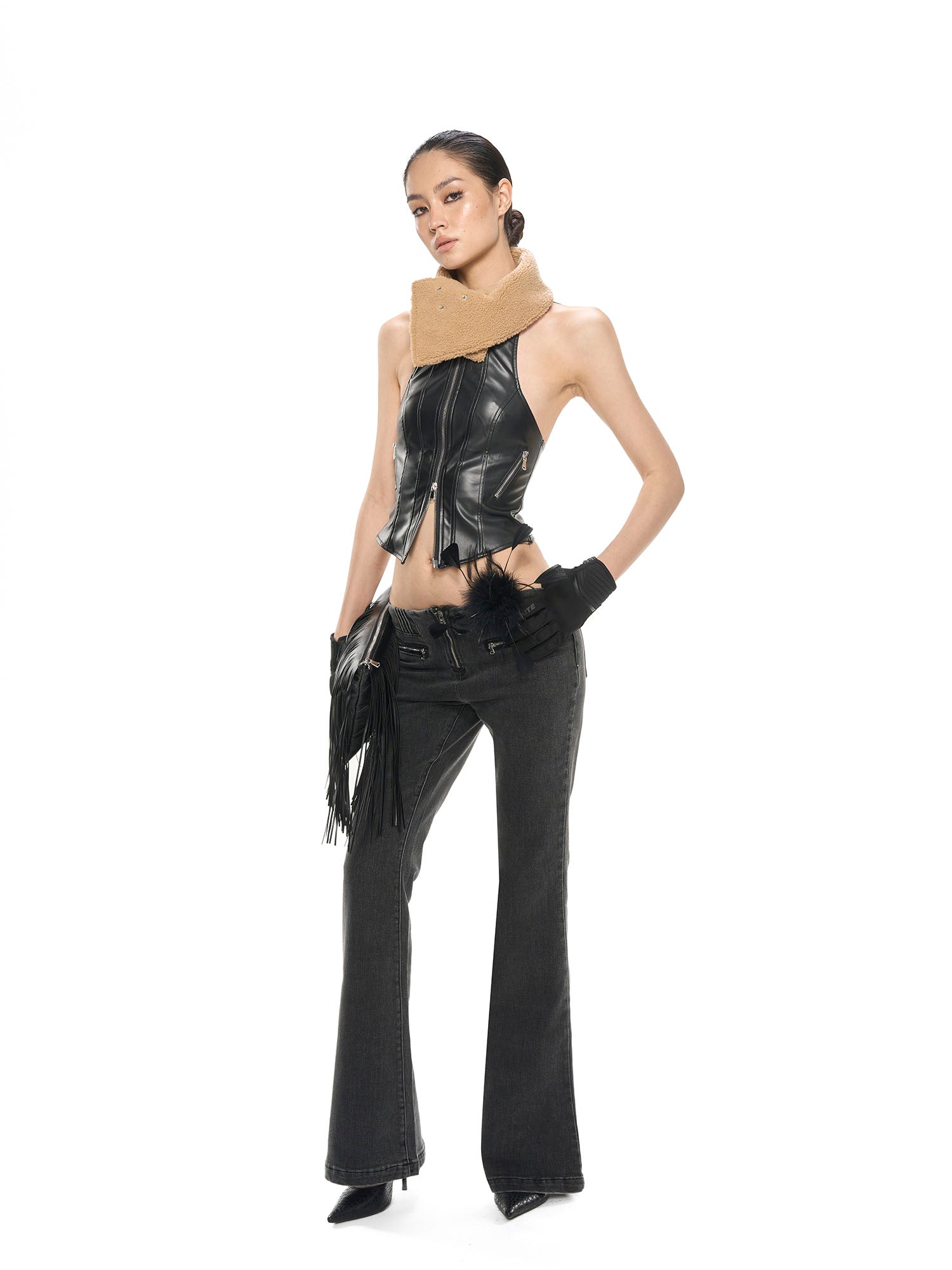 NEVER OFFEND L ANGEL Fringed Faux Leather & Lamb Wool Neck Collar