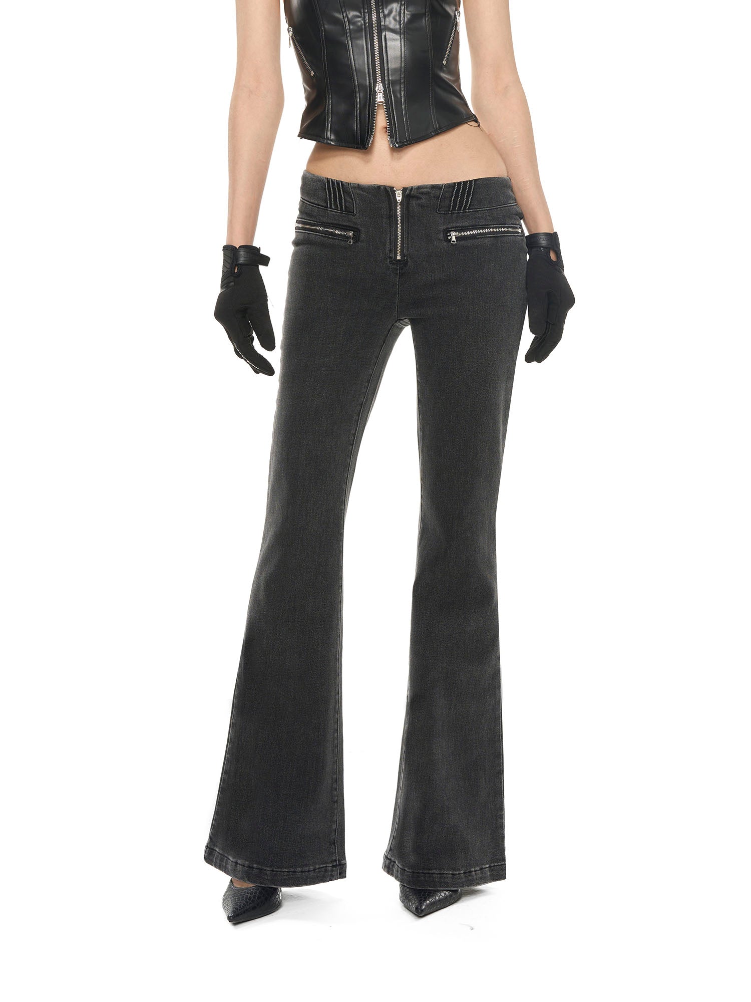 NEVER OFFEND L ANGEL Washed Low-Rise Flared Jeans