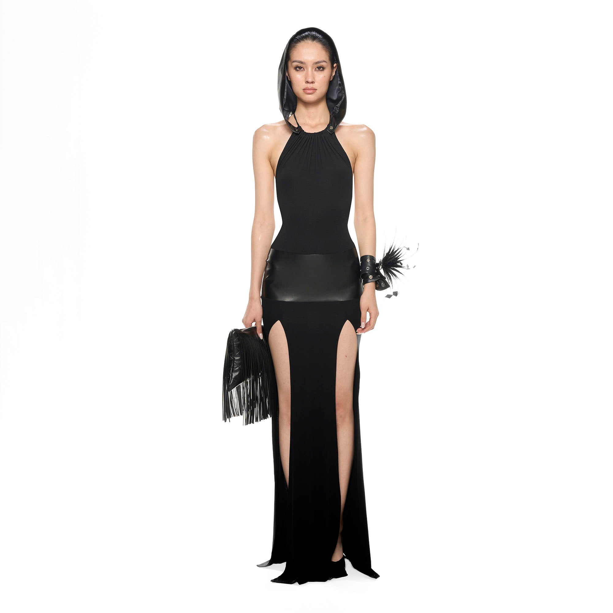 NEVER OFFEND L ANGEL Detachable-Hood Halter High-Slit Maxi Dress