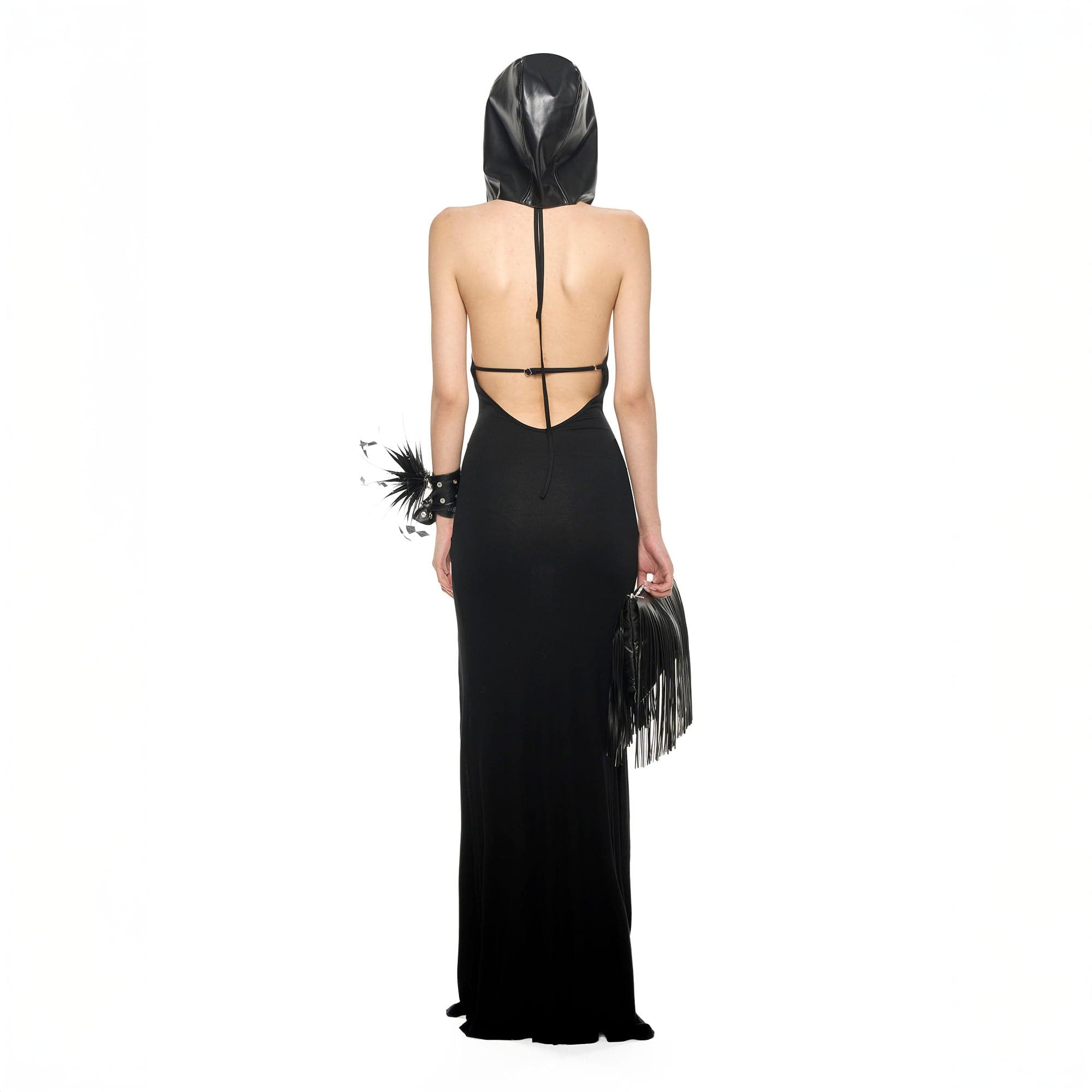 NEVER OFFEND L ANGEL Detachable-Hood Halter High-Slit Maxi Dress
