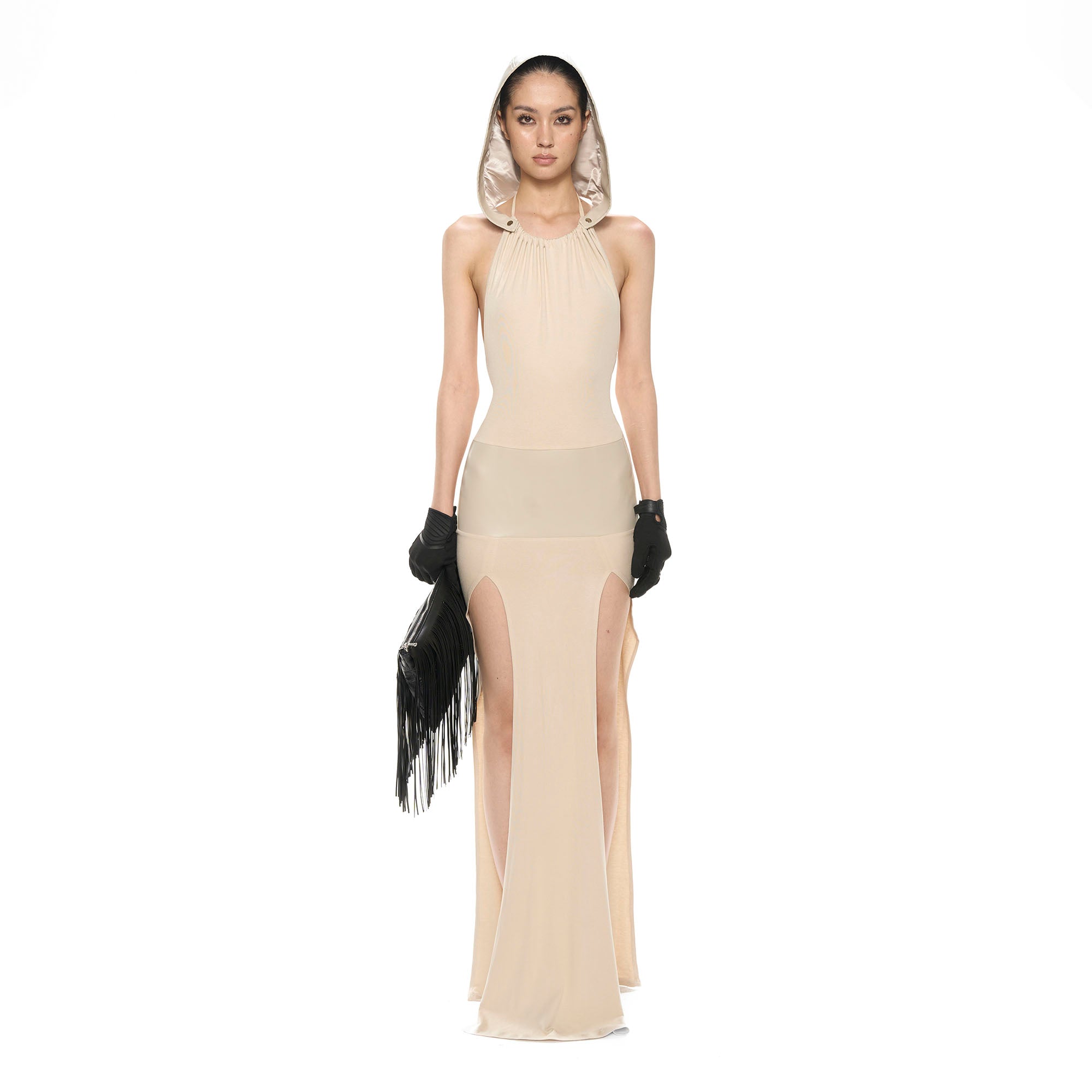 NEVER OFFEND L ANGEL Detachable-Hood Halter High-Slit Maxi Dress