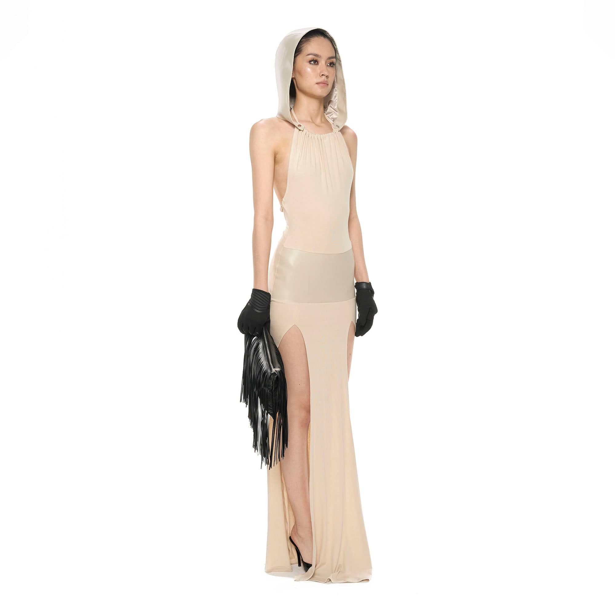 NEVER OFFEND L ANGEL Detachable-Hood Halter High-Slit Maxi Dress