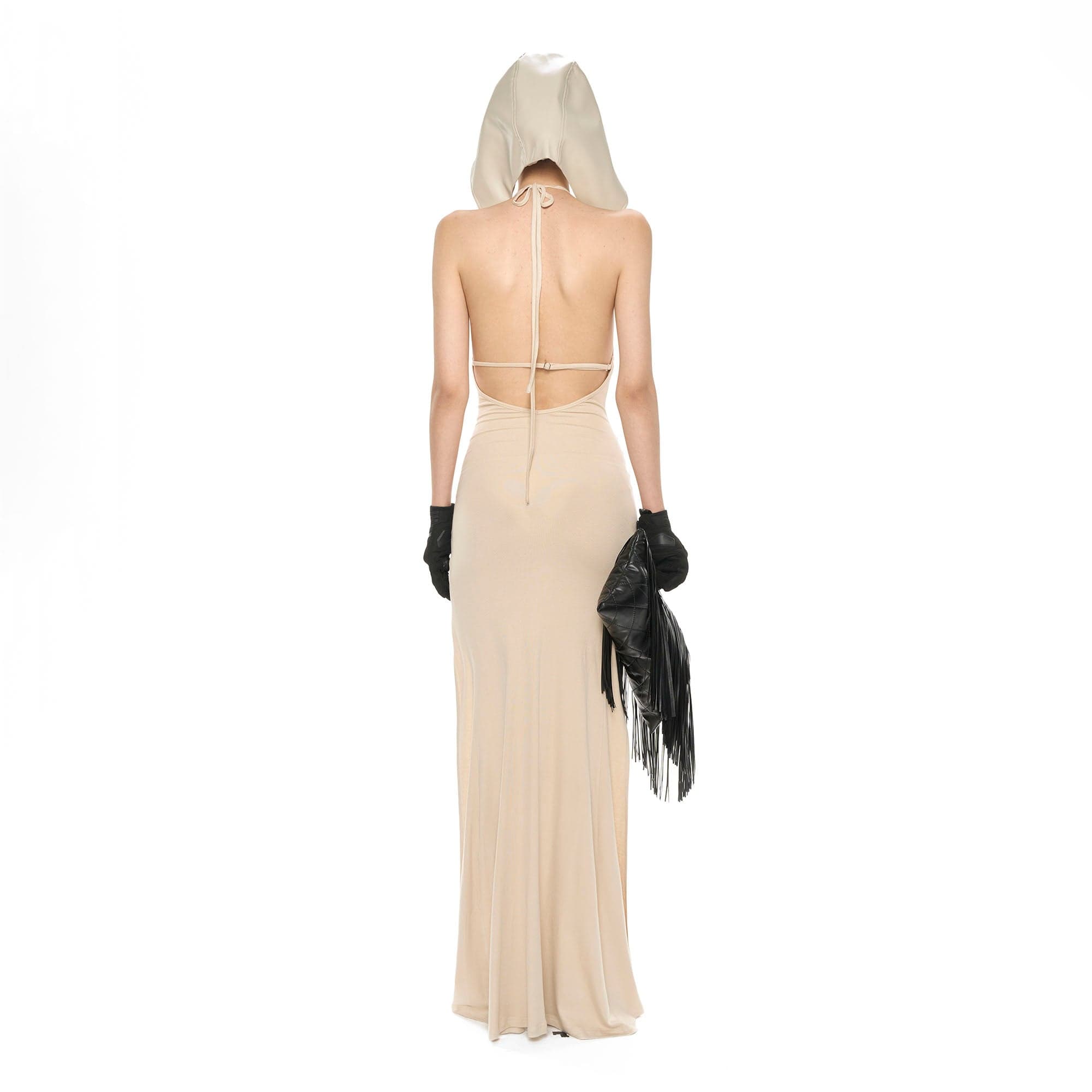 NEVER OFFEND L ANGEL Detachable-Hood Halter High-Slit Maxi Dress