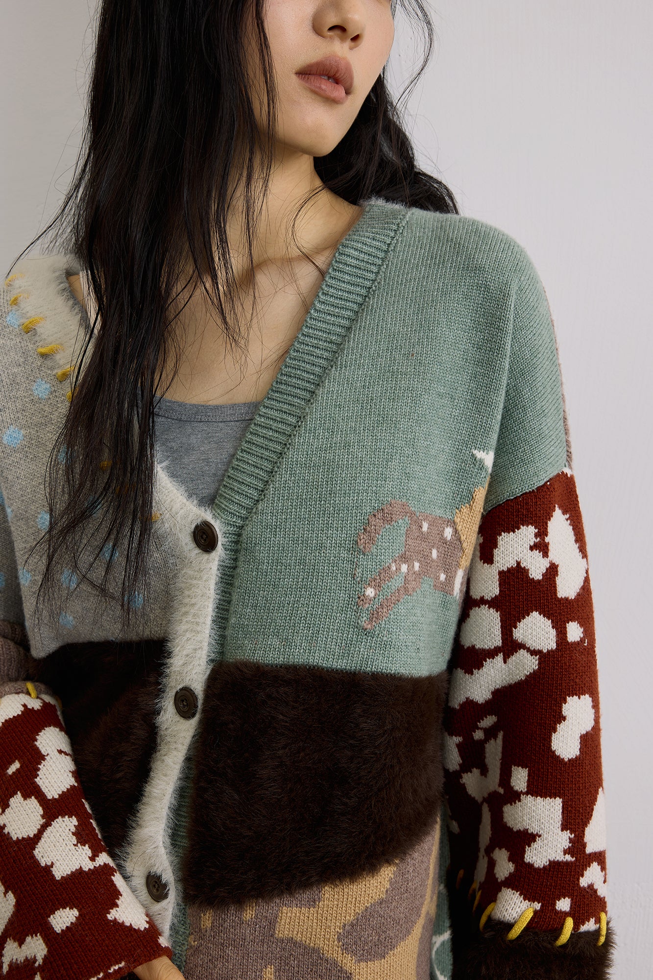 SAME FLOW Retro Spliced Wool-Blend Jacquard Cardigan