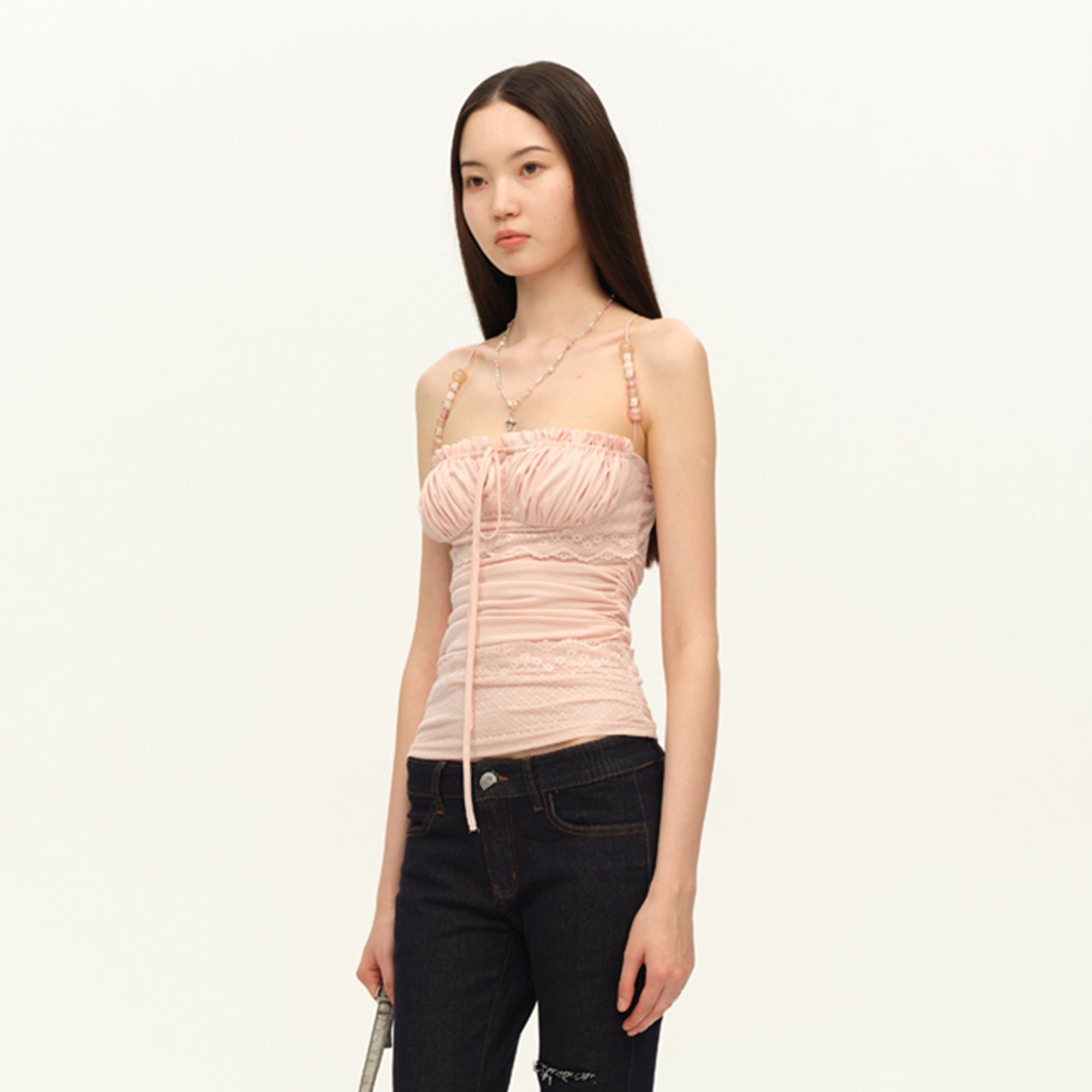 DOTYEARS Beaded Strap Lace Ruched Cami Top