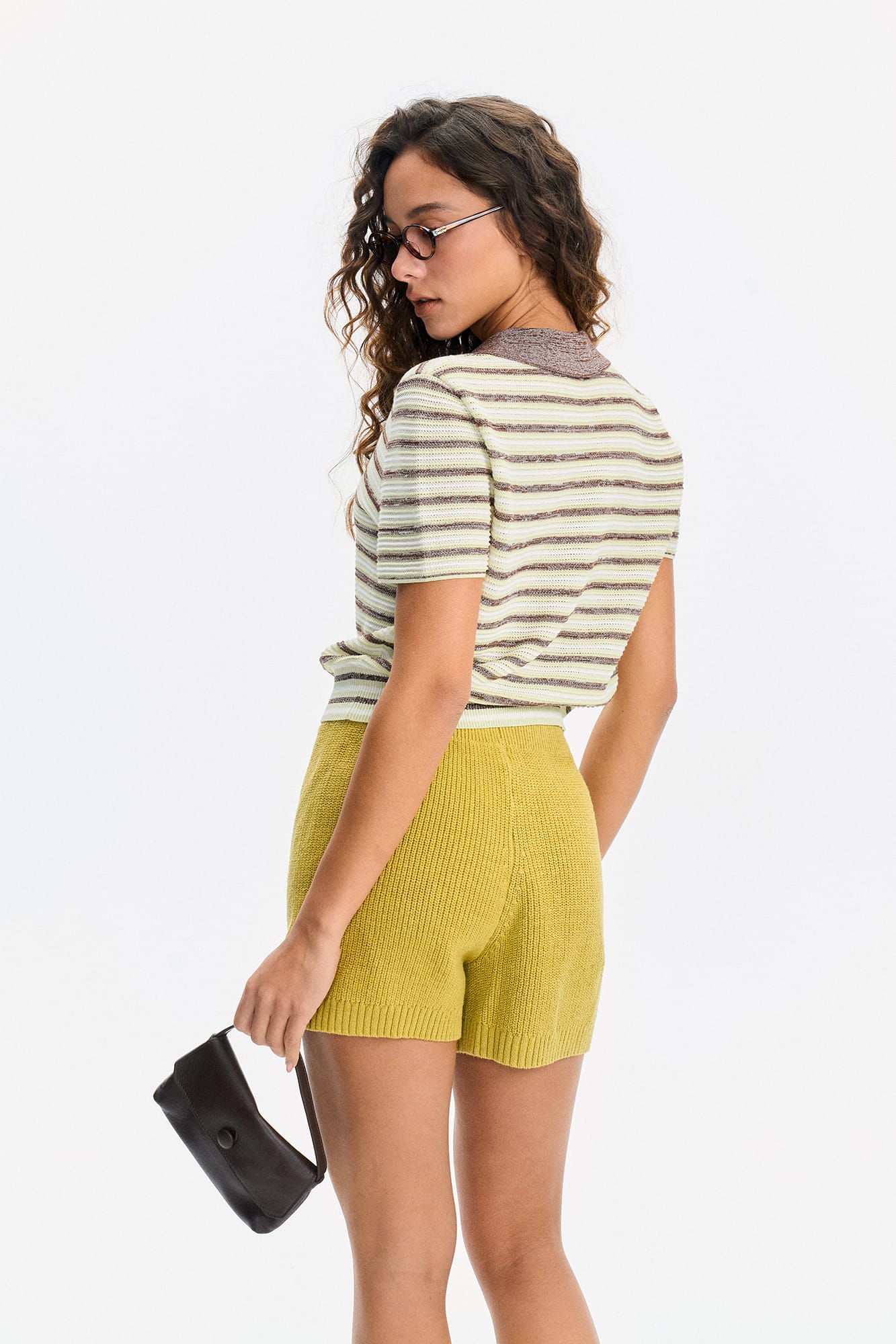 LEONSENSE Striped Pointelle Polo Knit Top