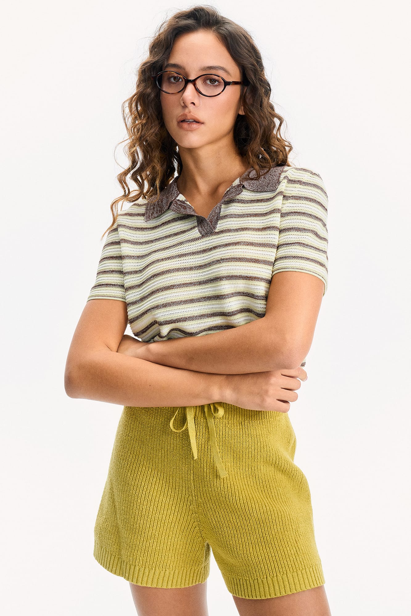 LEONSENSE Striped Pointelle Polo Knit Top