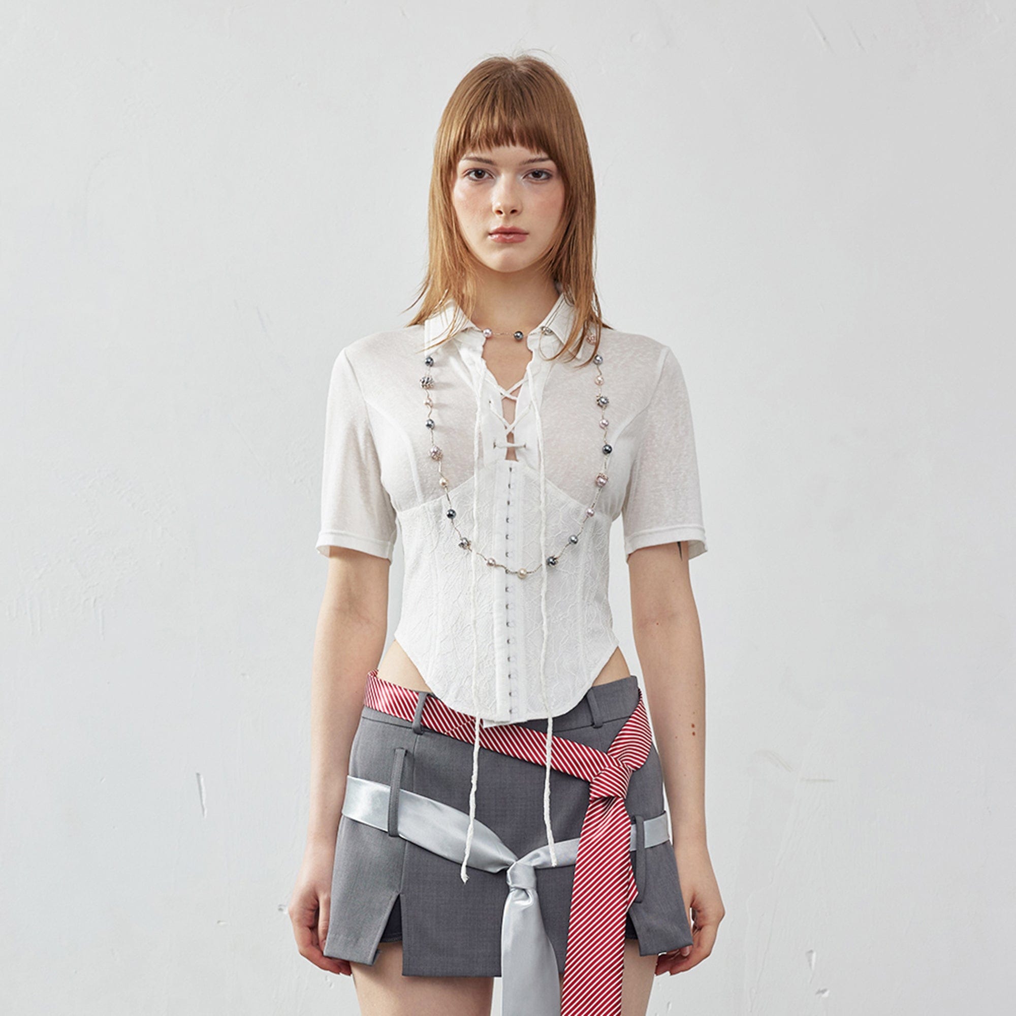 EMOHA Sheer Lace-Up Corset Half Shirt