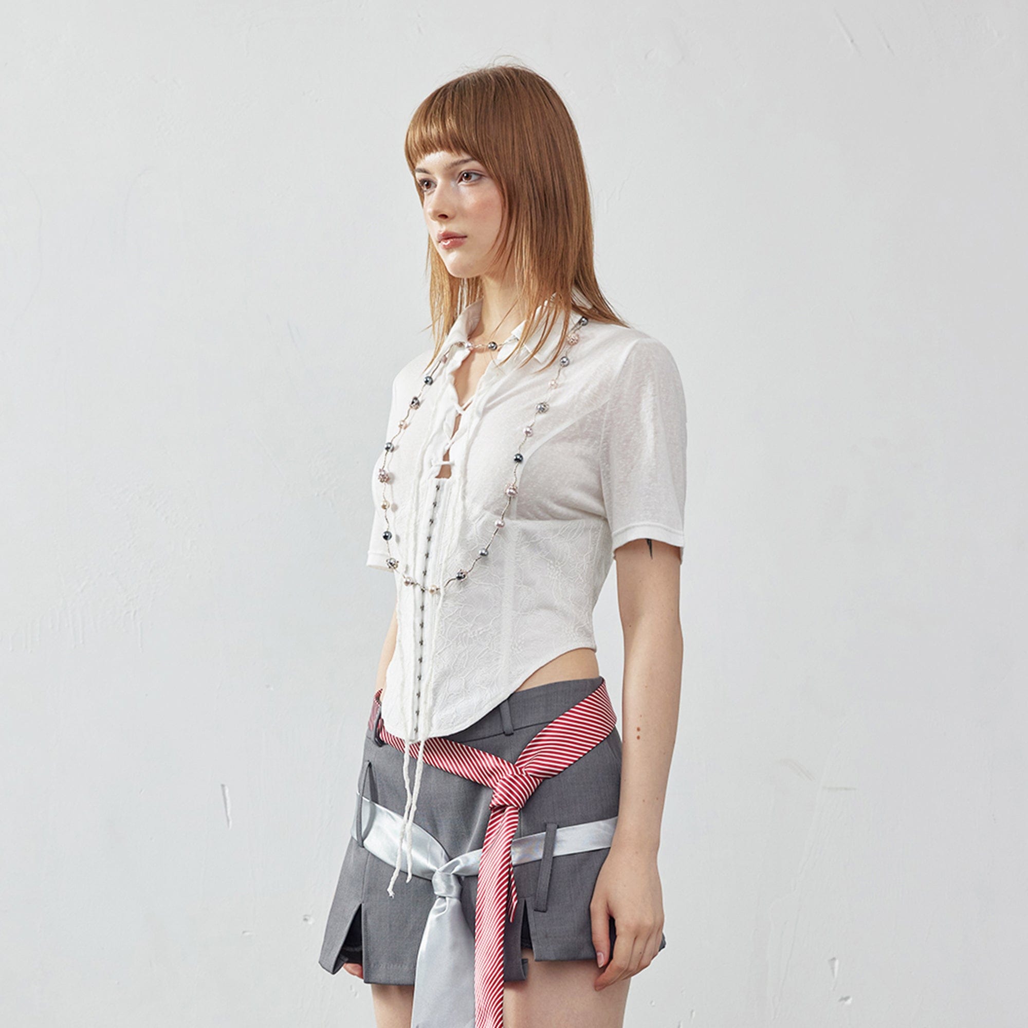 EMOHA Sheer Lace-Up Corset Half Shirt