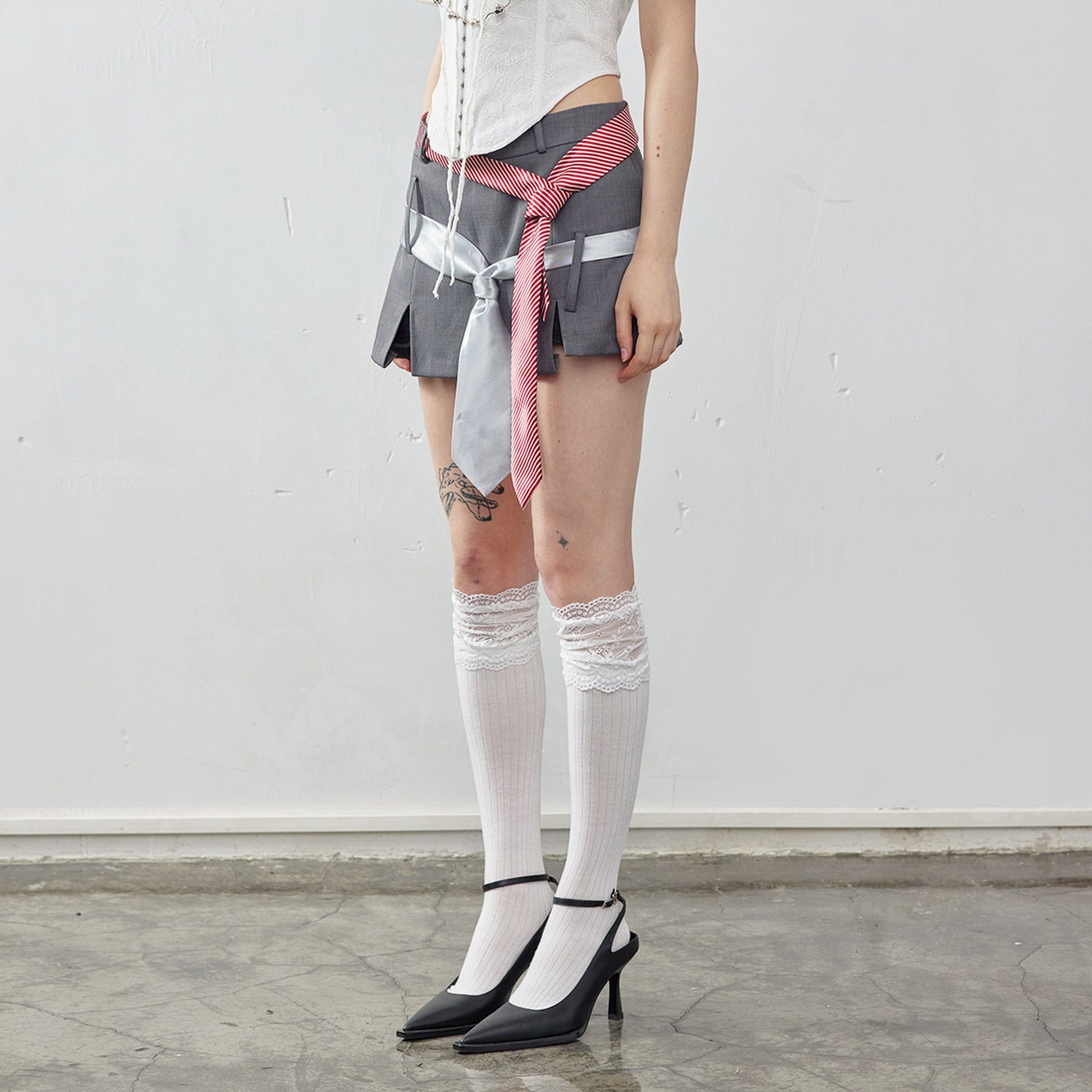 EMOHA Necktie Belt Slit Hem Mini Skirt