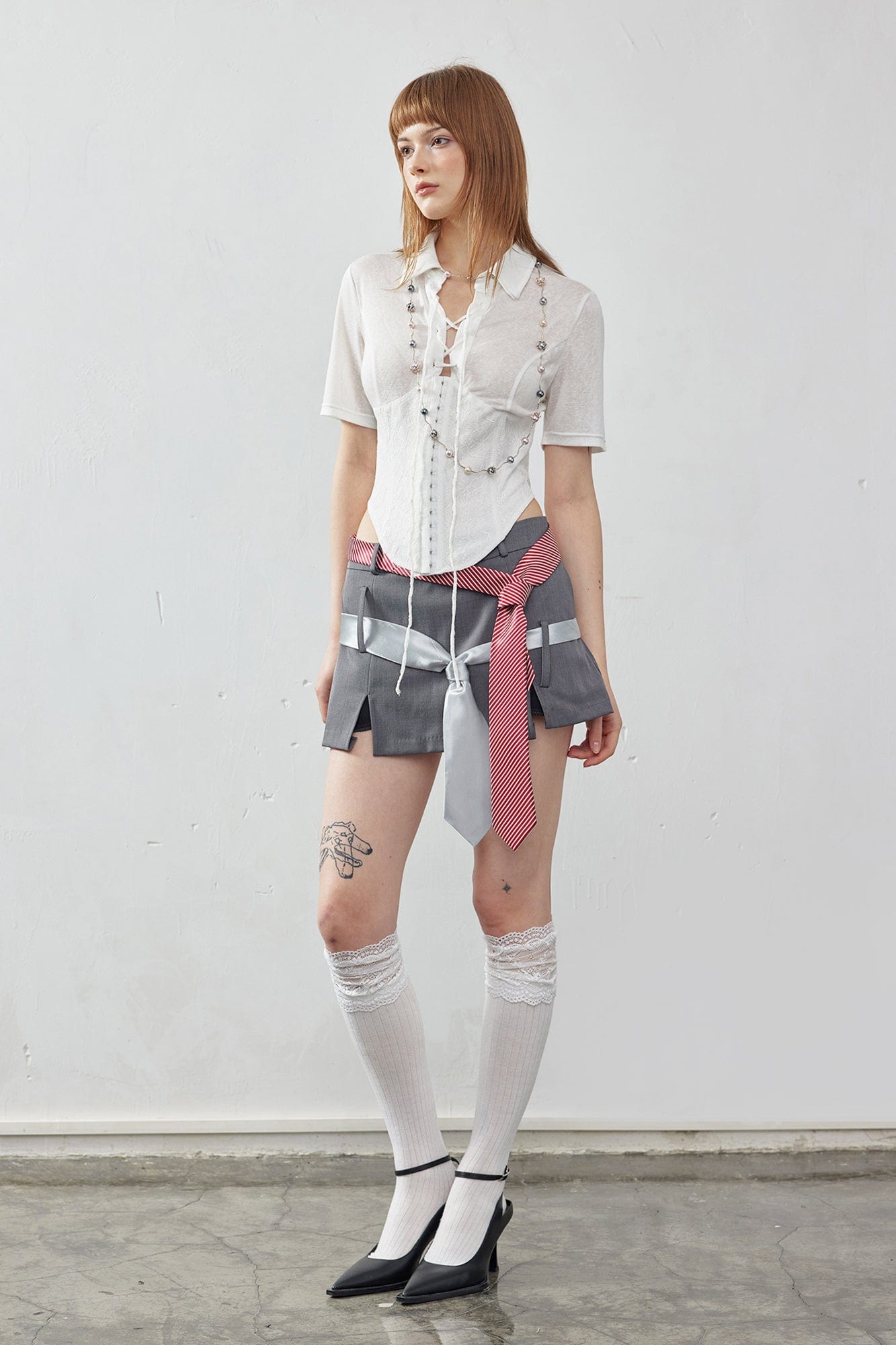 EMOHA Necktie Belt Slit Hem Mini Skirt