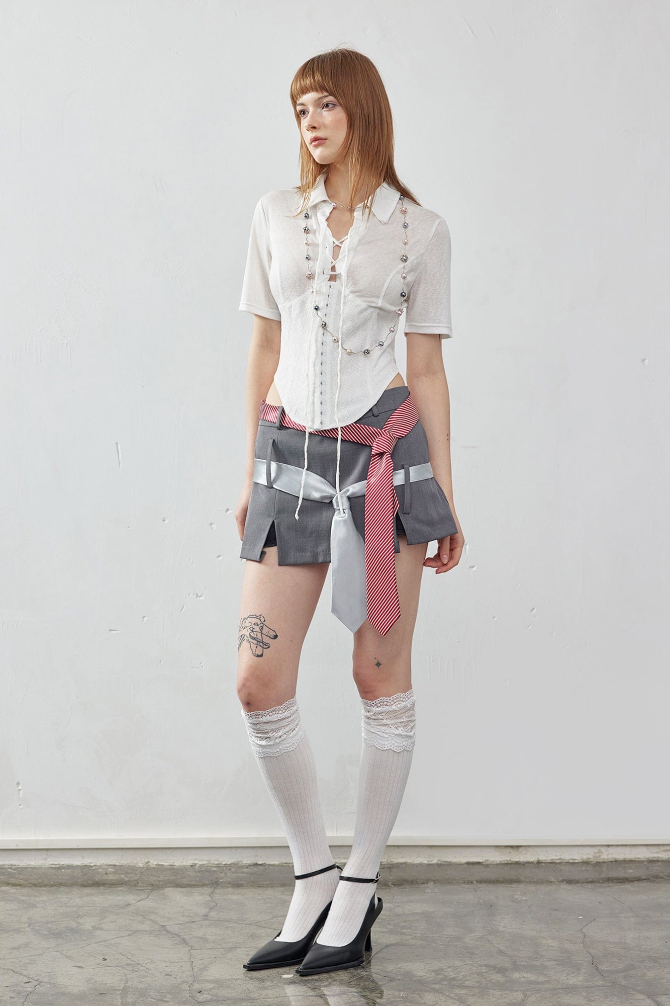 EMOHA Sheer Lace-Up Corset Half Shirt