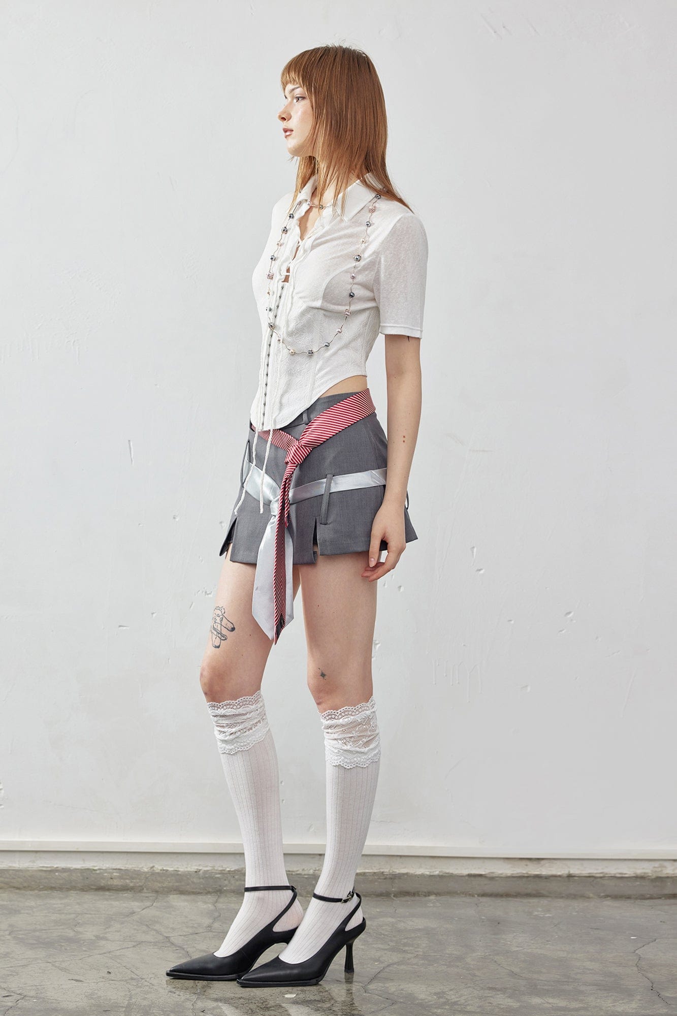 EMOHA Sheer Lace-Up Corset Half Shirt