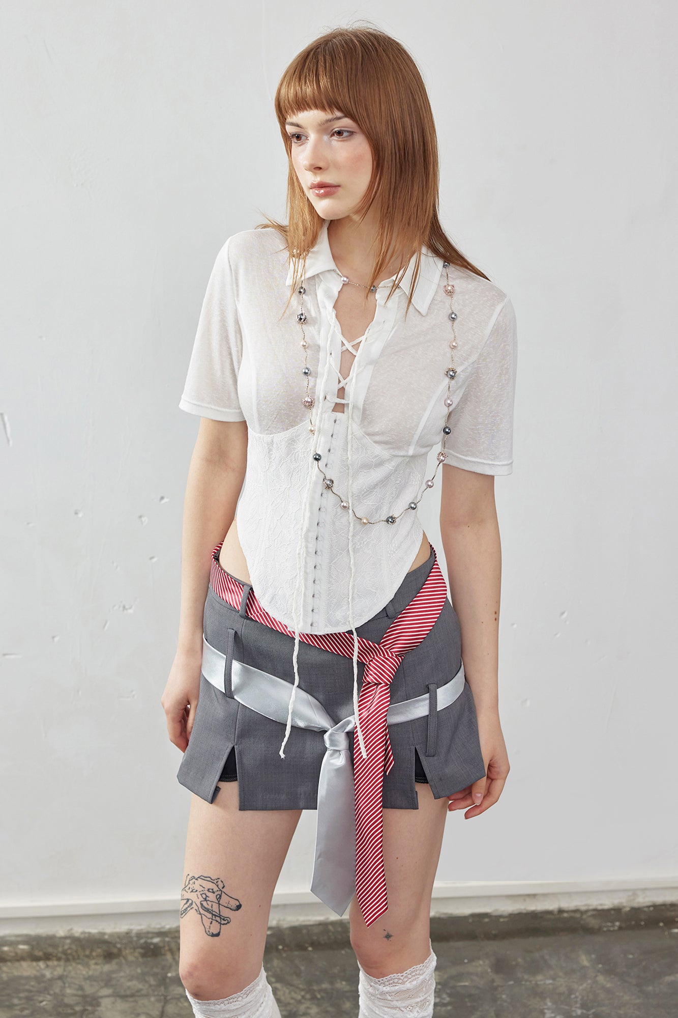 EMOHA Sheer Lace-Up Corset Half Shirt
