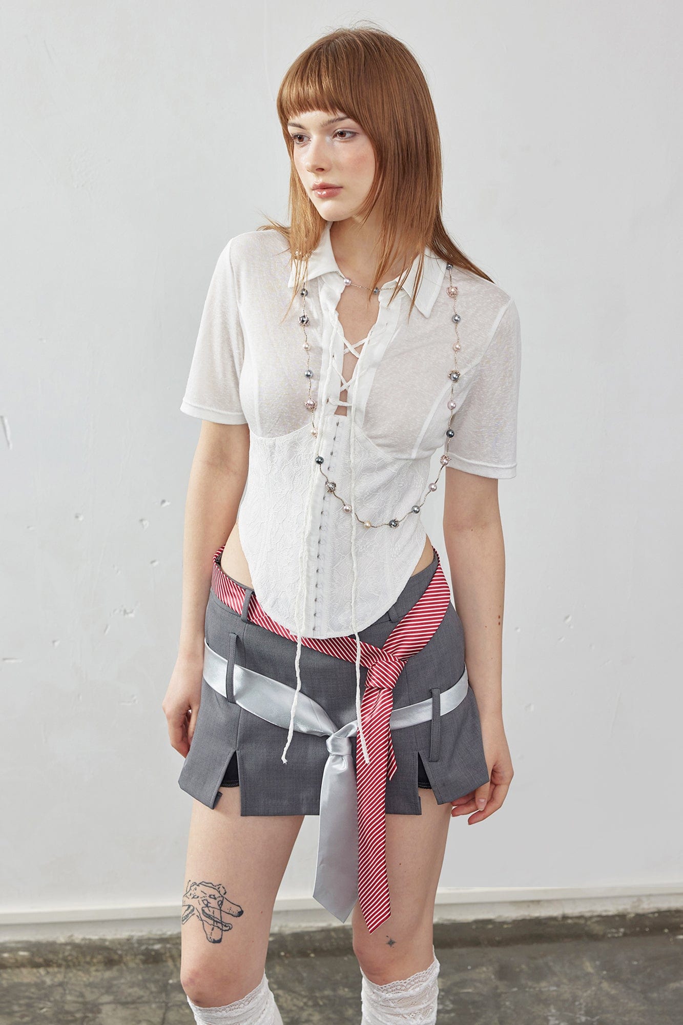 EMOHA Sheer Lace-Up Corset Half Shirt