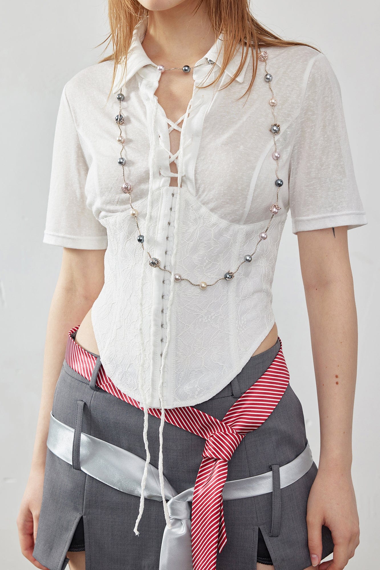 EMOHA Sheer Lace-Up Corset Half Shirt