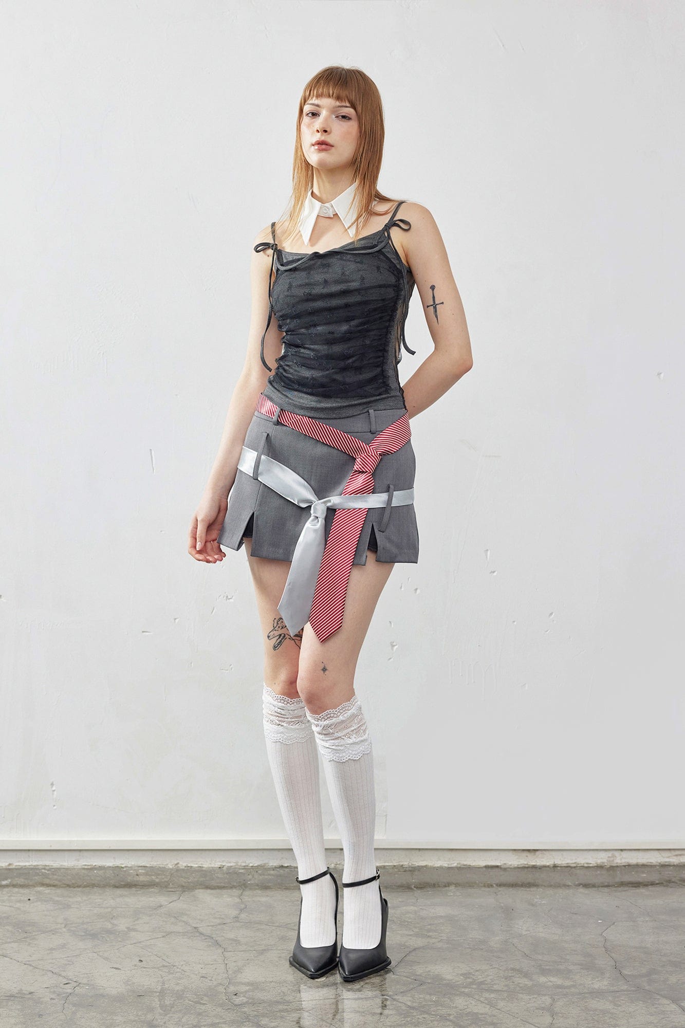 EMOHA Necktie Belt Slit Hem Mini Skirt