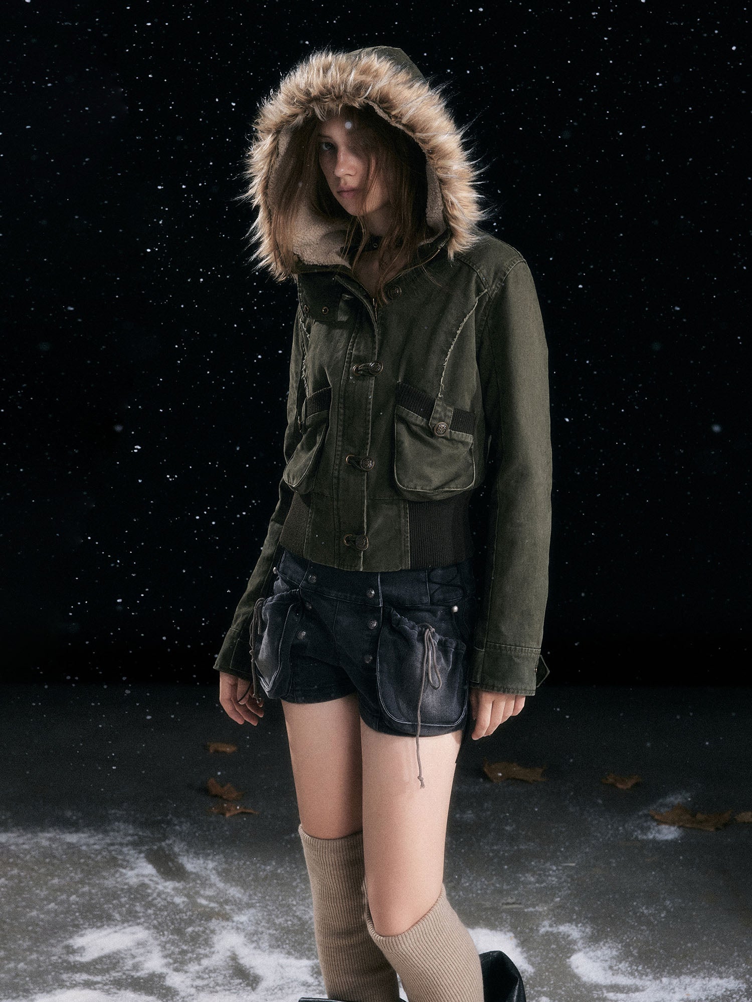 CESTNOUS Washed Military Faux-Fur Hooded Padded Jacket