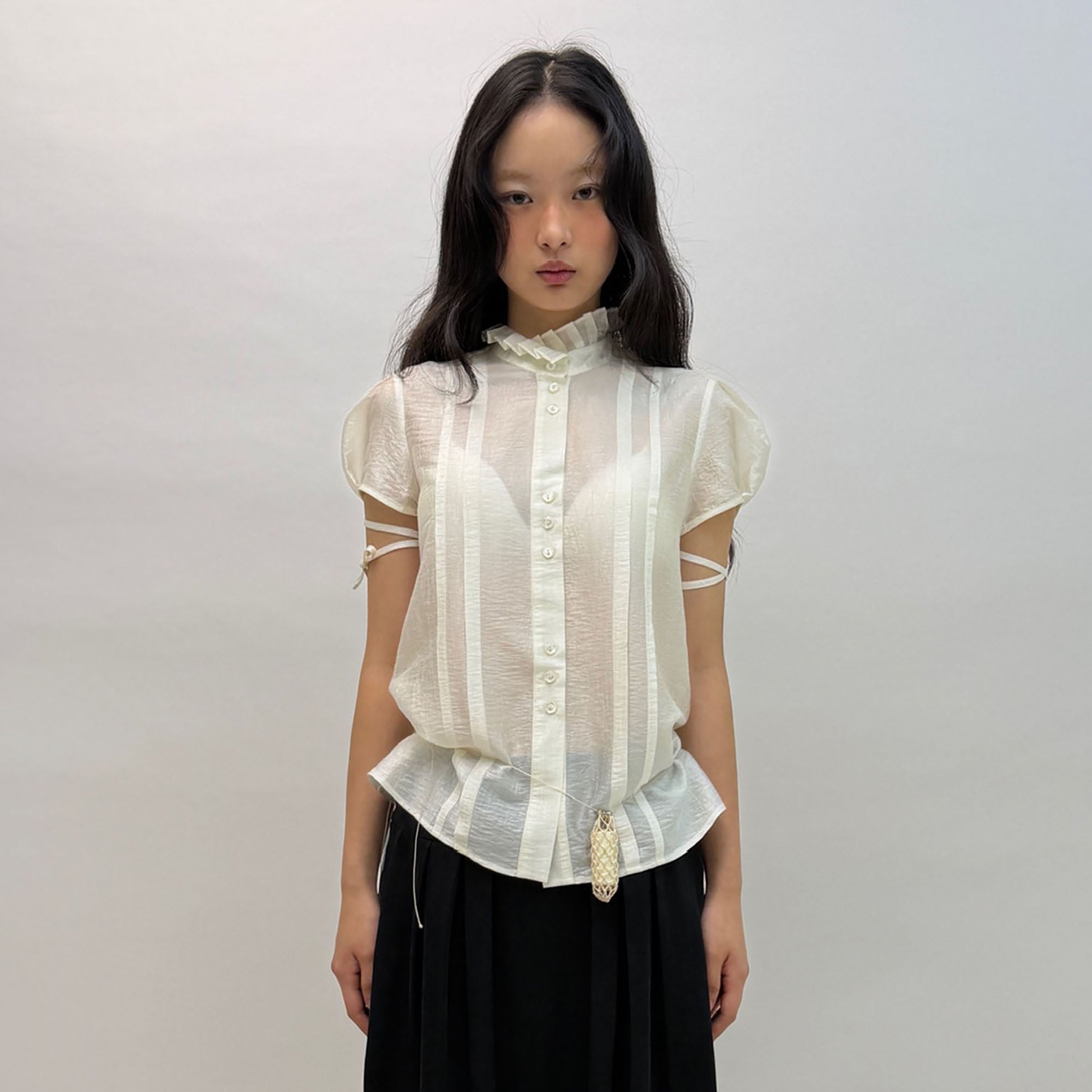 NEVERSEEZ Ruffle-Collar Paneled Puff-Sleeve Shirt