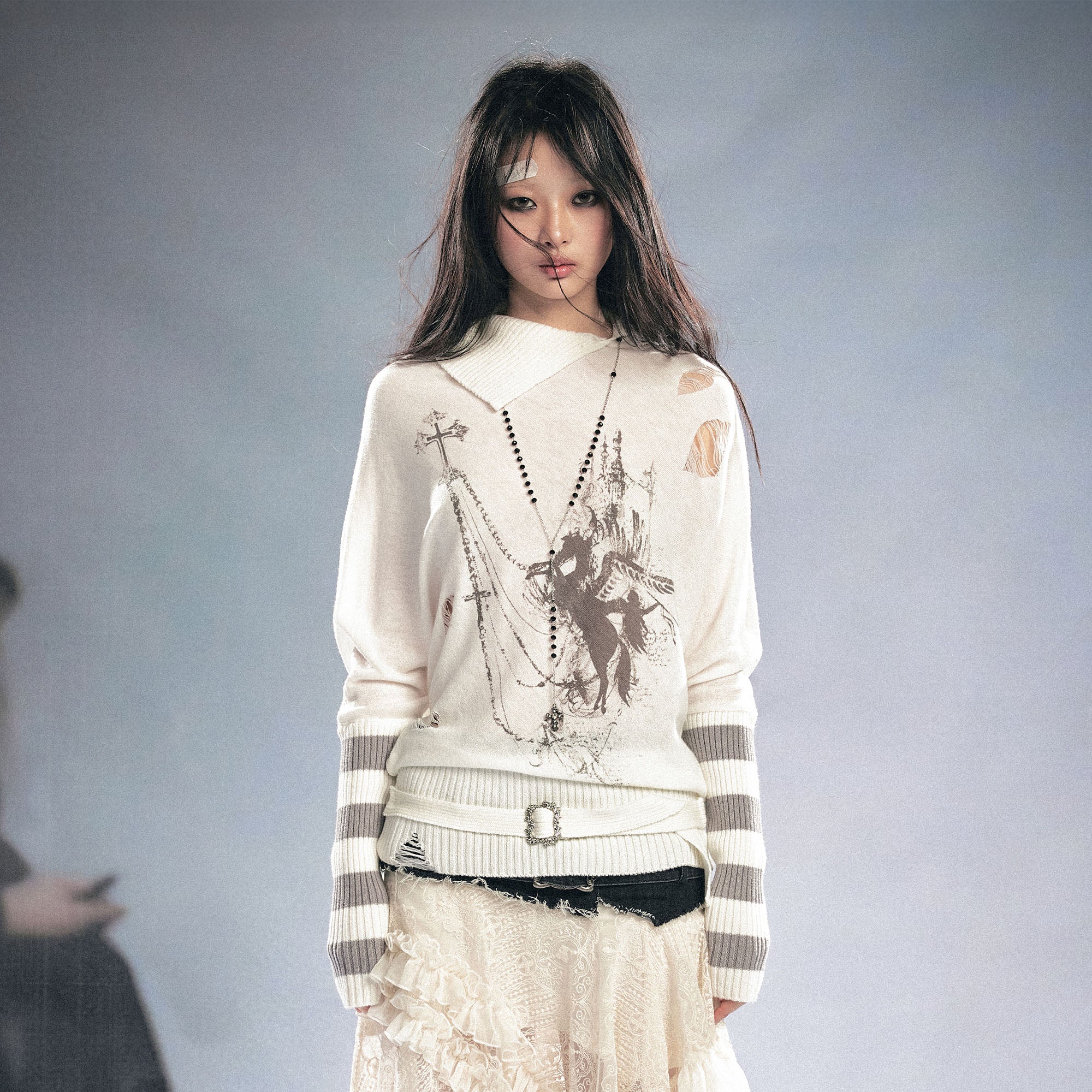 CESTNOUS Gothic Graphic Striped Bat-Sleeve Sweater