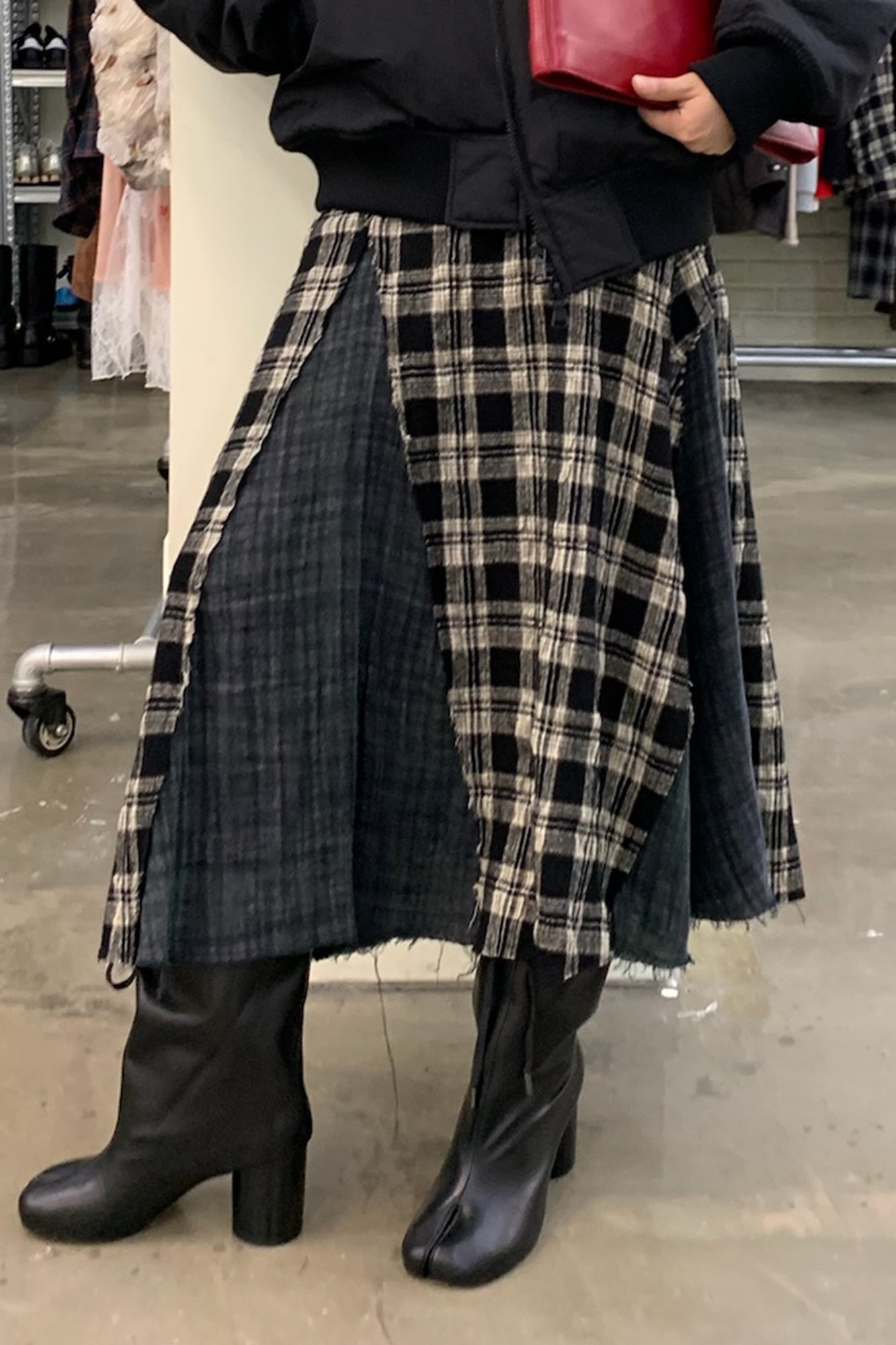 NEVERSEEZ Raw-Edge Plaid Panel Midi Skirt