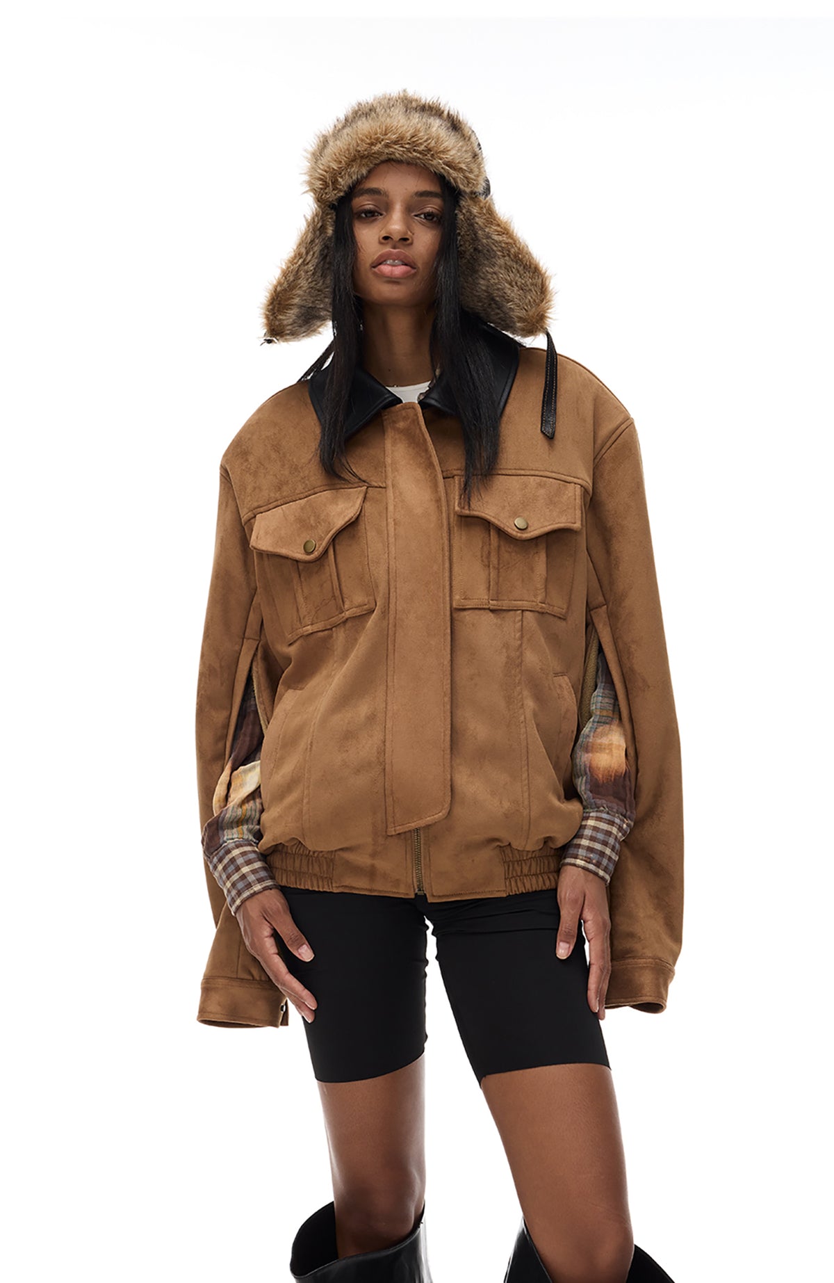 COSTUSTOOT Contrast-Collar Suede Oversized Big-Pocket Jacket