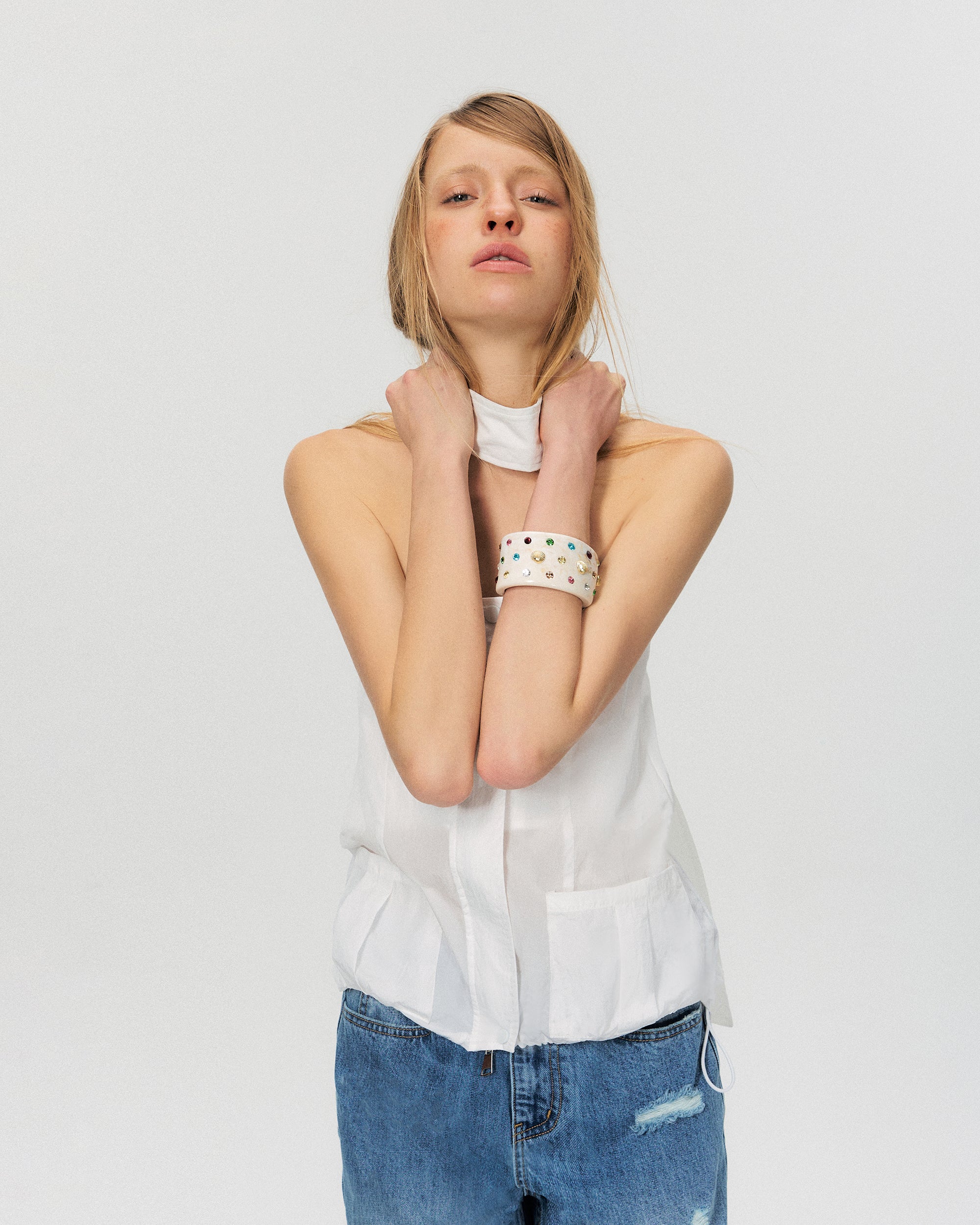 THE NEVERMORE Sheer Strapless Drawstring-Hem Pocket Top