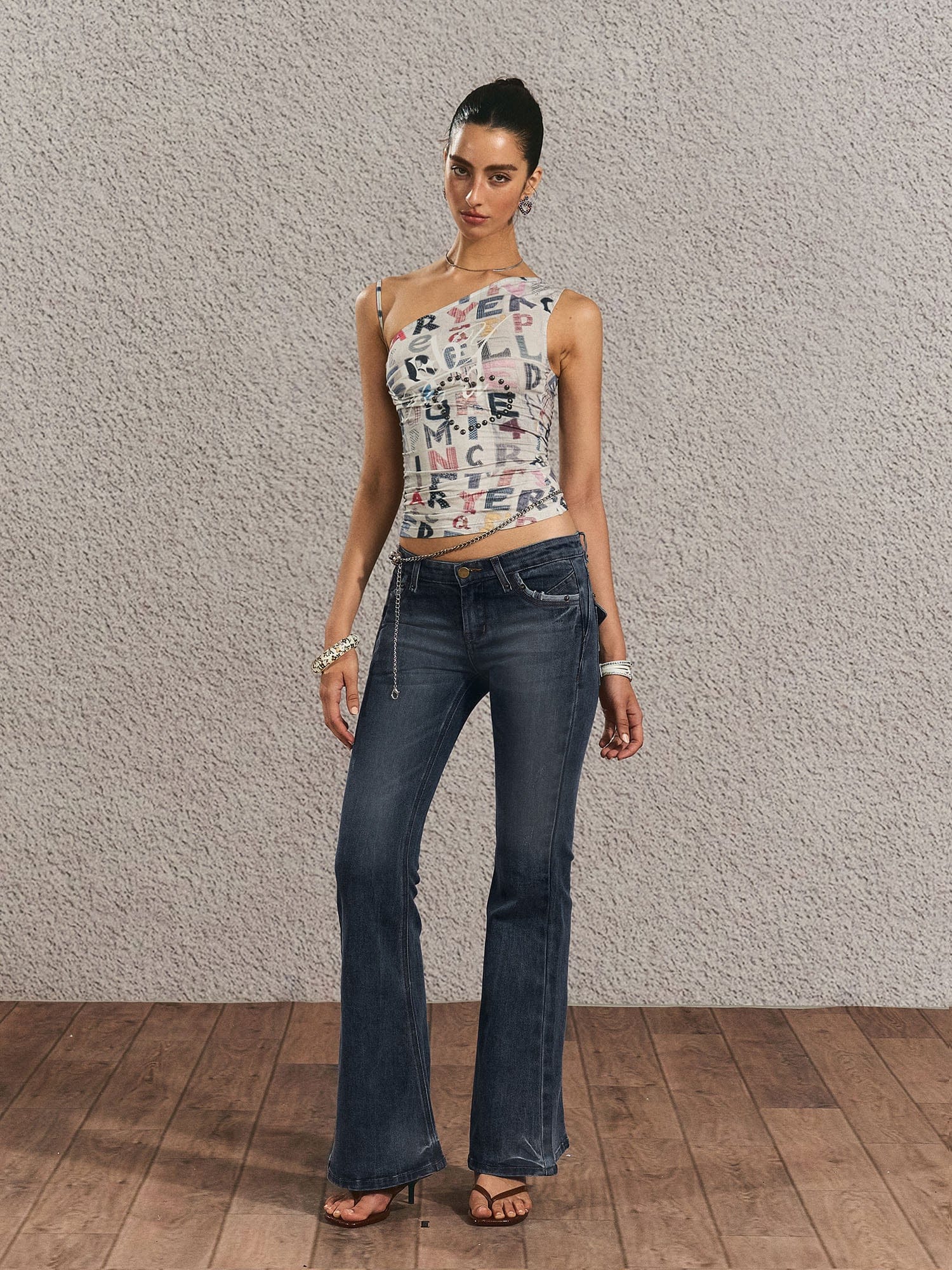 THE NEVERMORE Asymmetrical Side Drawstring Full-Print Top