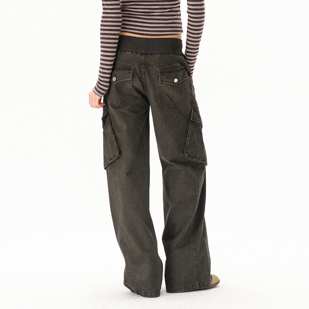 COSTUSTOOT Multi-Pocket Washed Distressed Ribbed Waist Cargo Pants