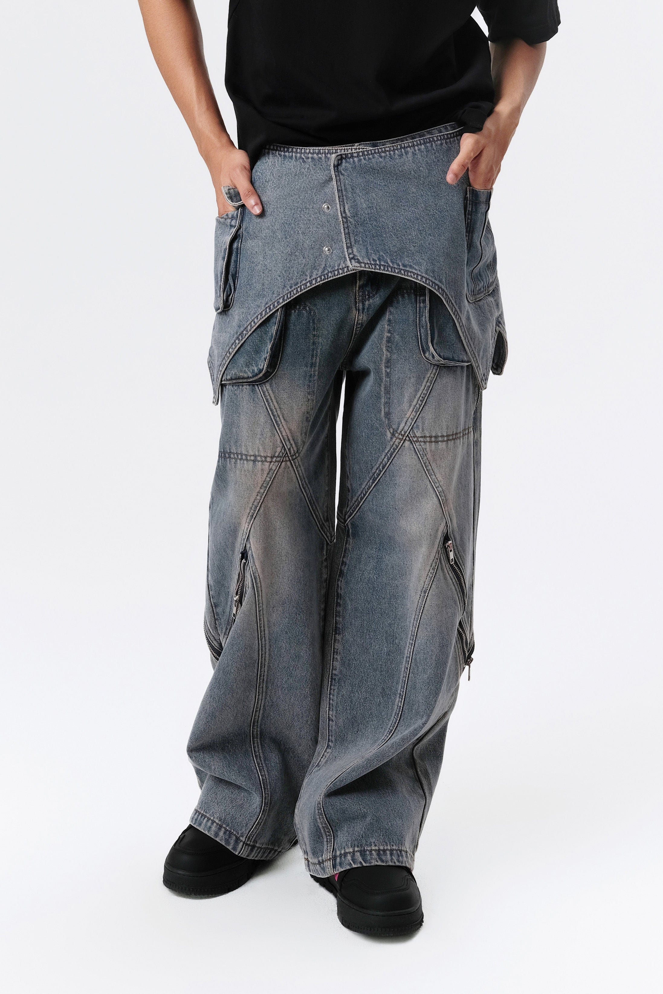 VANN VALRENCE Detachable Overlay Structural Panel Zip Jeans, premium urban and streetwear designers apparel on PROJECTISR.com, VANN VALRENCE
