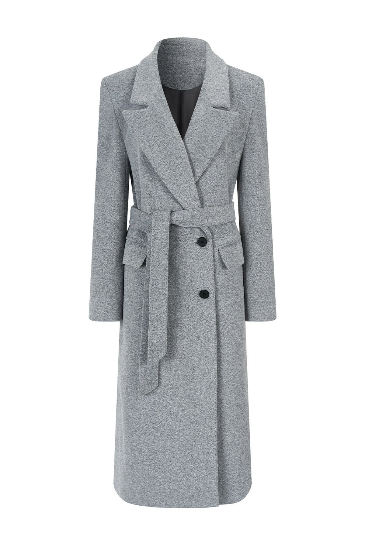HIIMDAI Wool-Blend Cinched-Waist Lapel Long Coat — flat lay · Smoke Gray