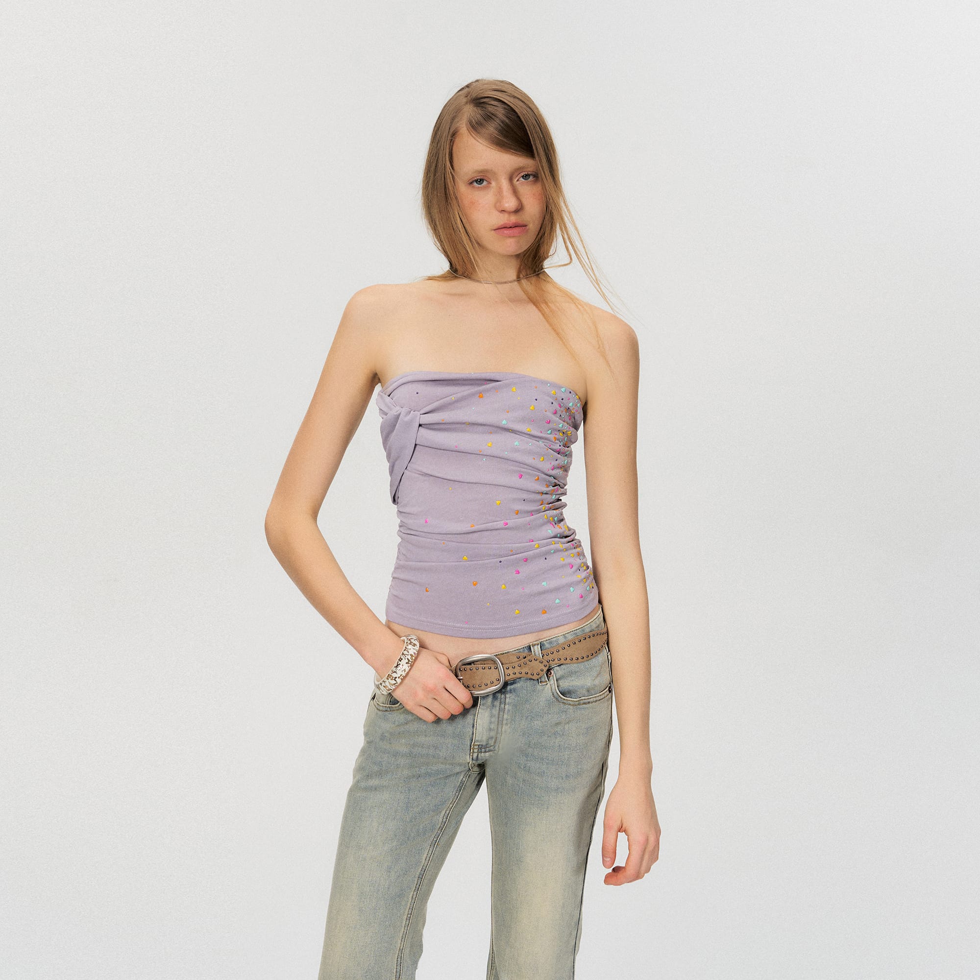 THE NEVERMORE Color Resin Rhinestone Twist Bandeau Top
