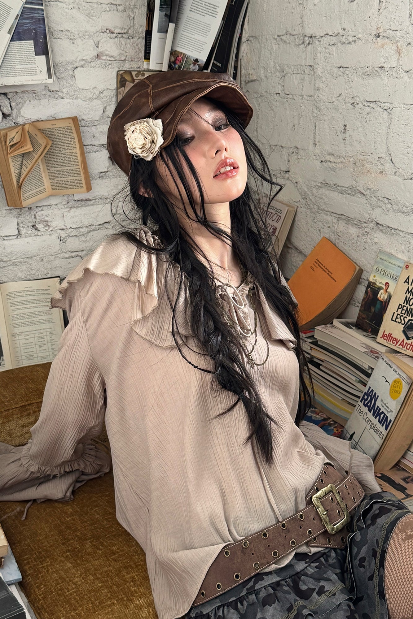 RIDK Faux Leather Rose Embellished Newsboy Cap