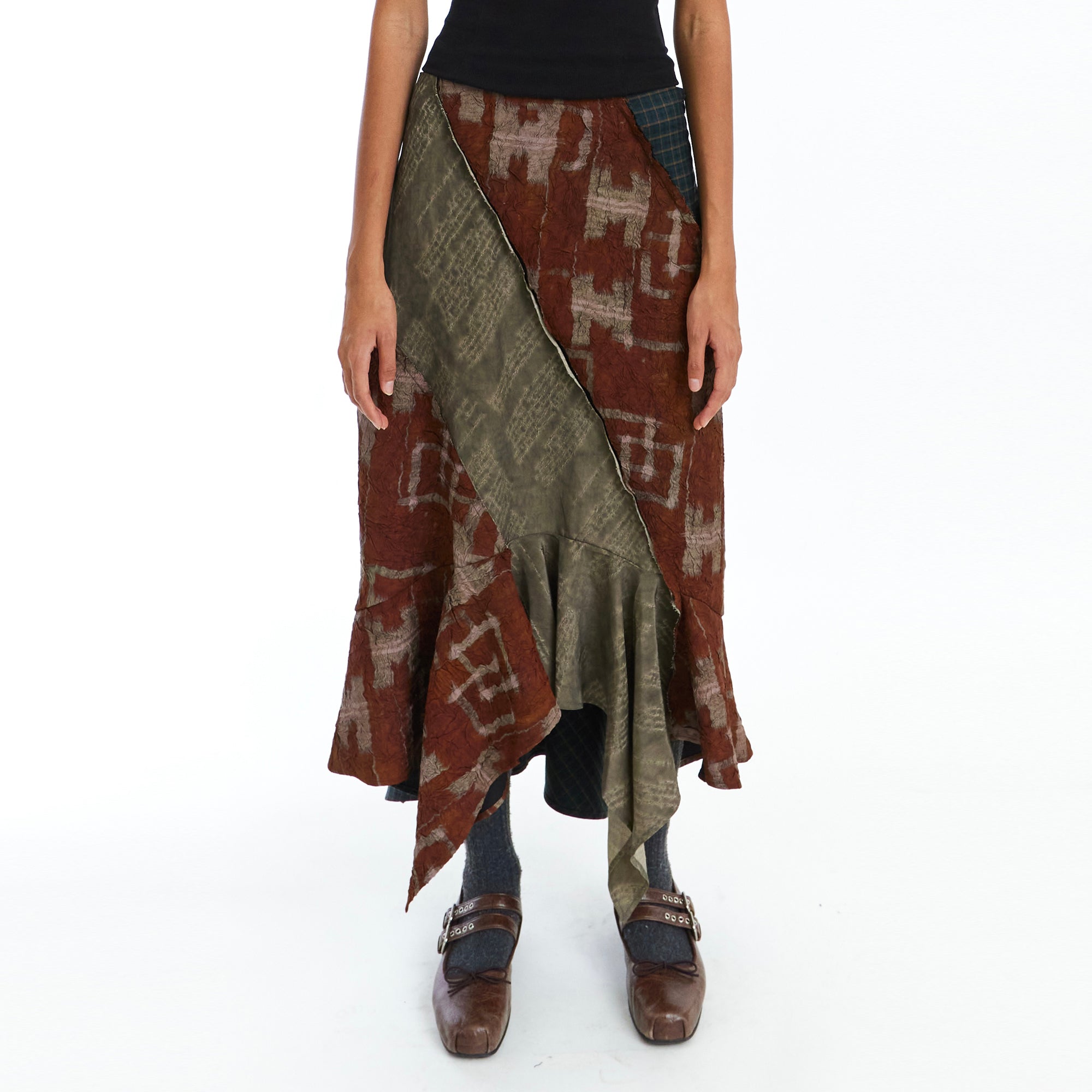 NEVERSEEZ Retro Spliced Print Flounce Midi Skirt