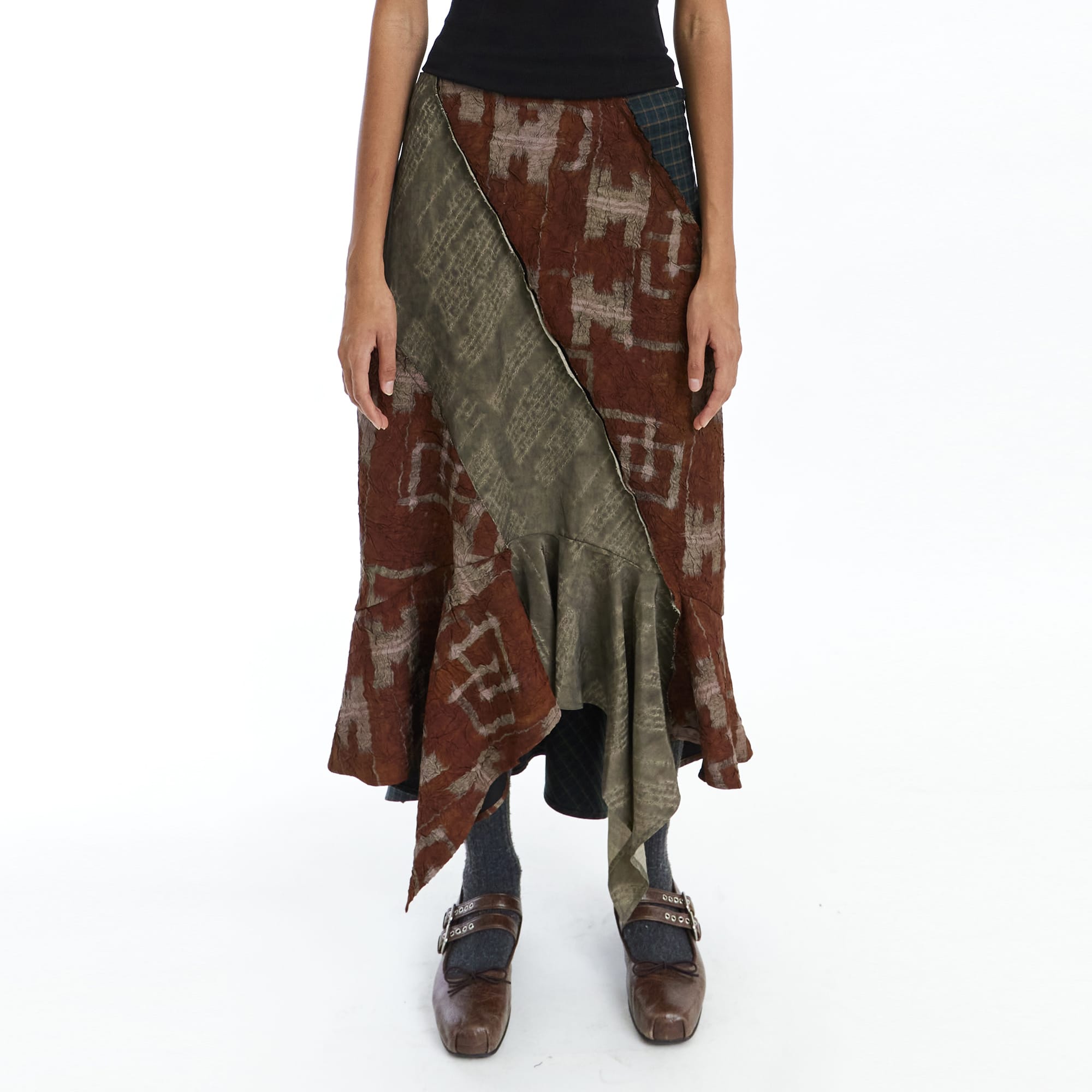 NEVERSEEZ Retro Spliced Print Flounce Midi Skirt