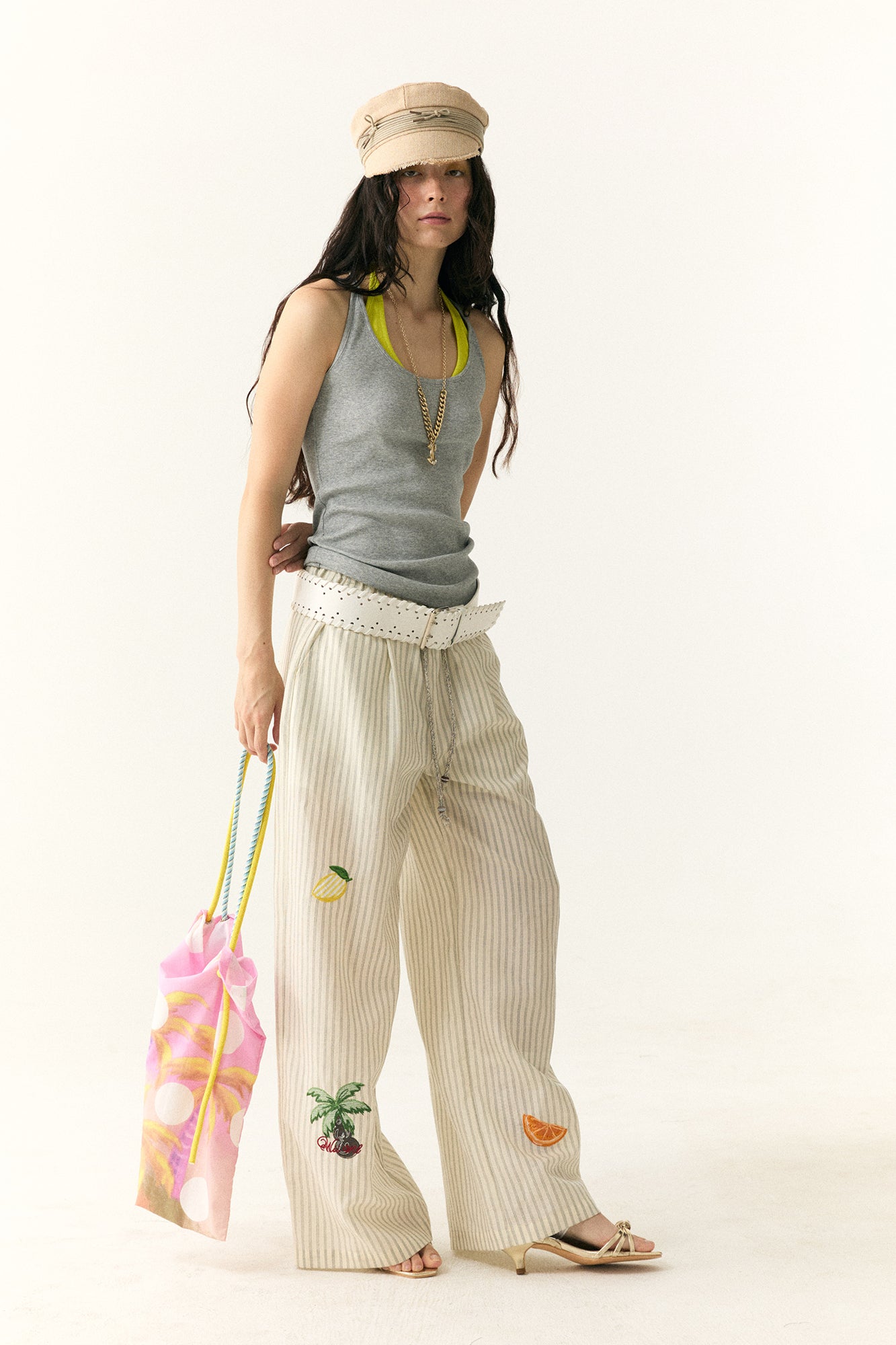 WII WIL Tropical Embroidered Stripe Wide-Leg Pants