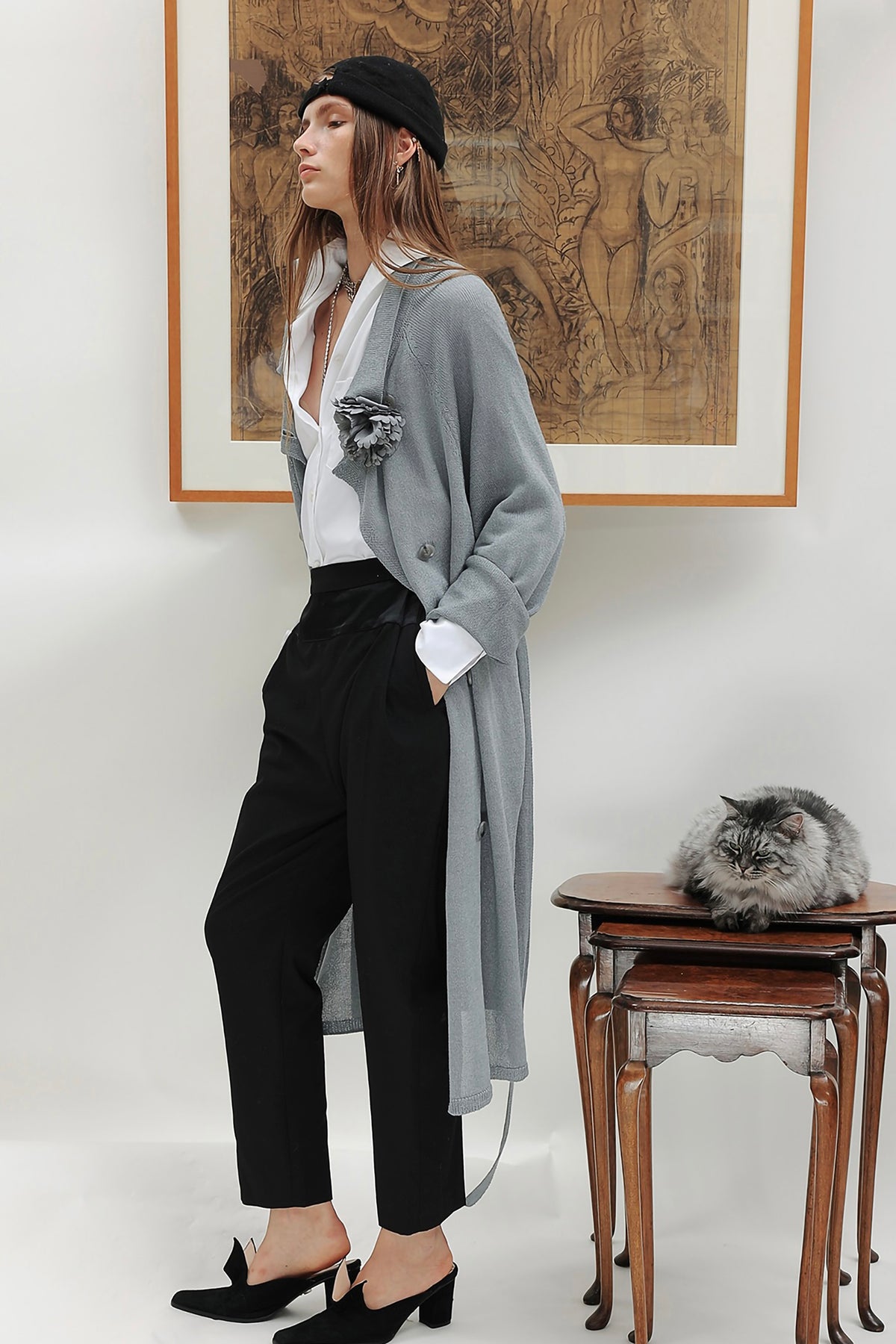 WINGFREE Silk-Blended Double-Breasted Oversized Coat