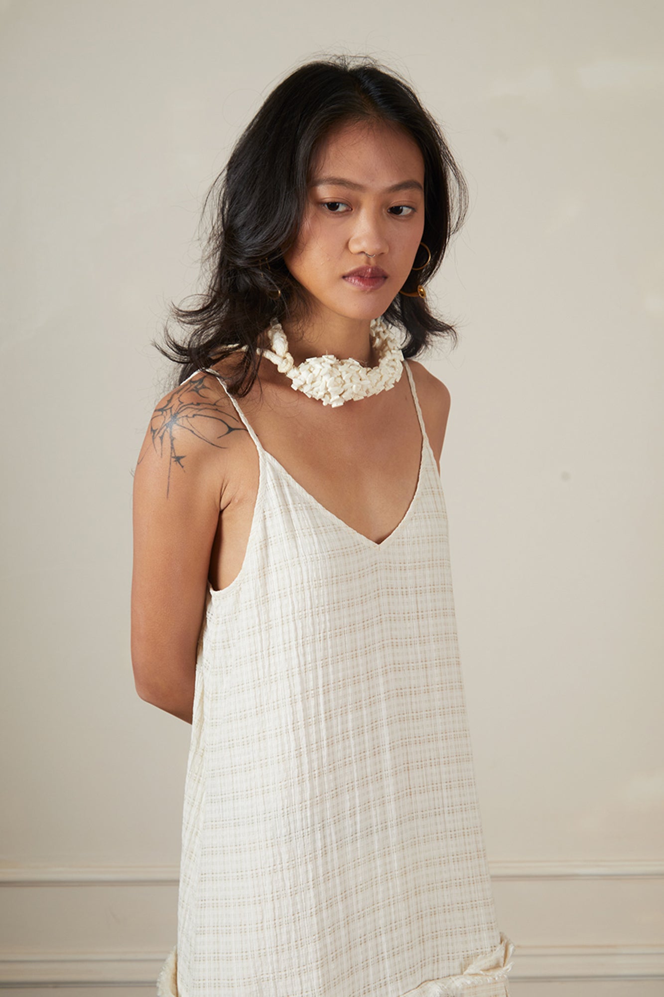CAIRA Crinkled Frayed Seam Drop-Waist Maxi Dress