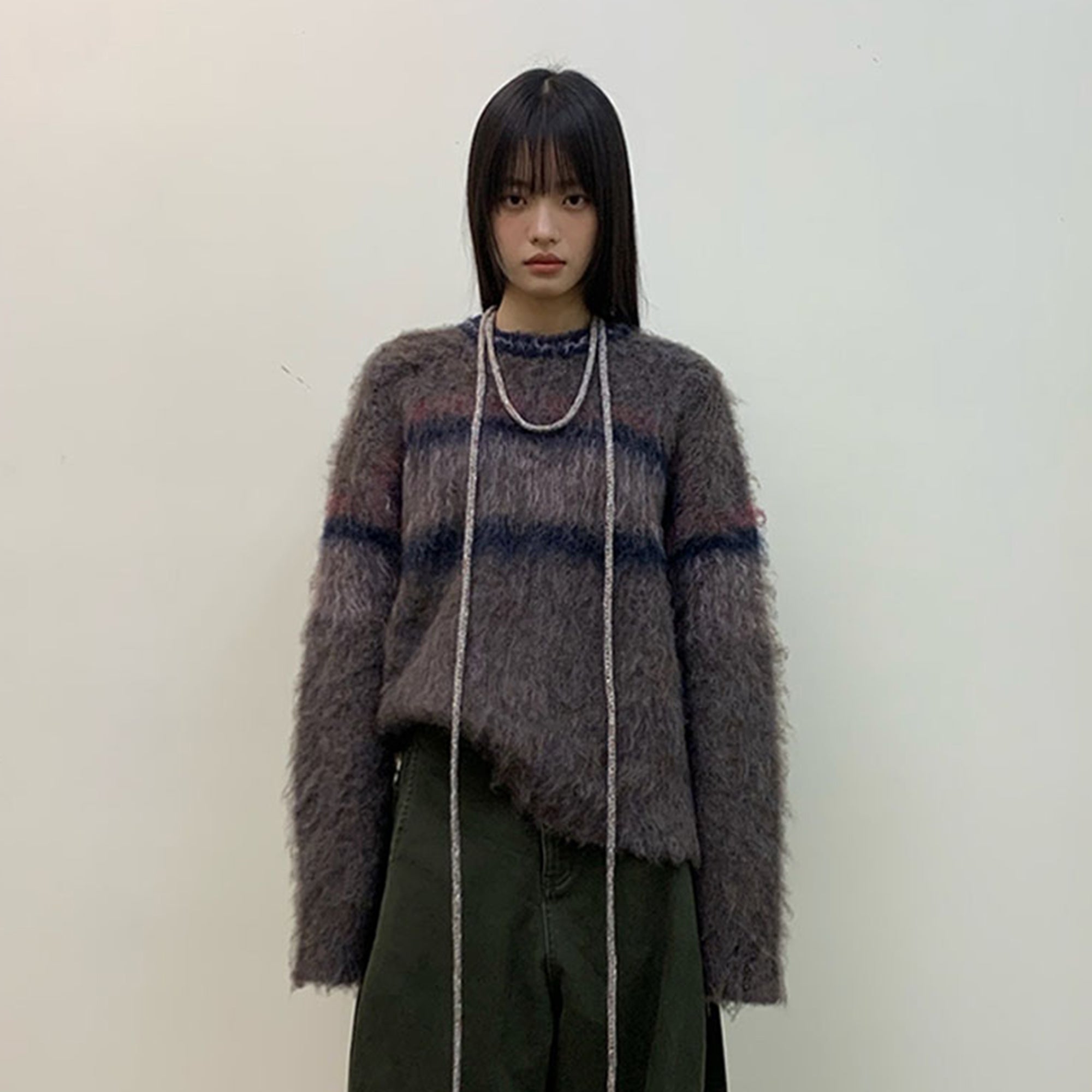 NEVERSEEZ Contrast Stripe Fuzzy Sweater