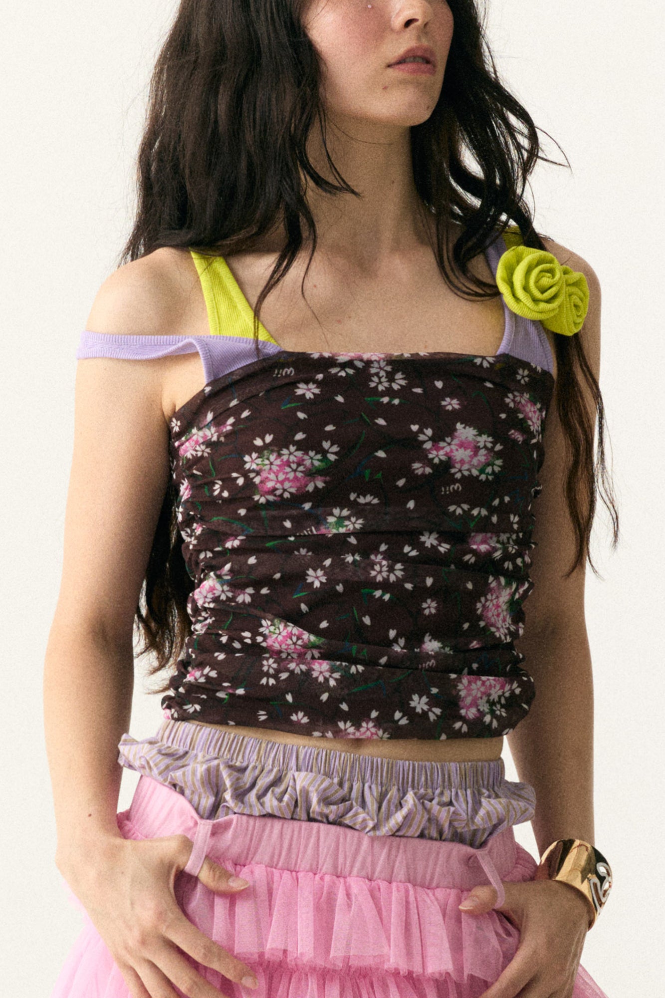 WII WIL Layered Rosette Floral Mesh Tank Top