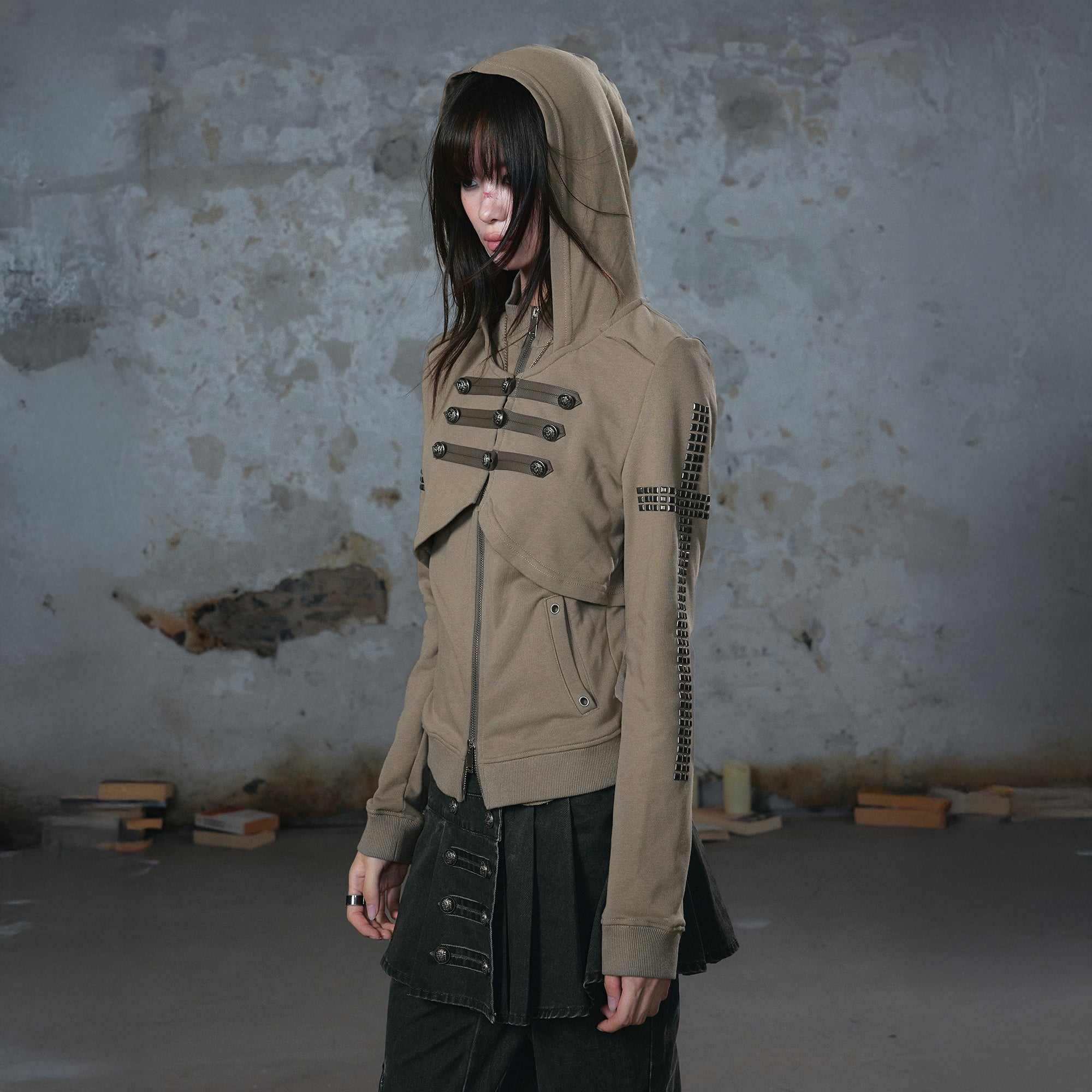 CESTNOUS Punk Metal-Button Napoleon Zip-Up Hoodie