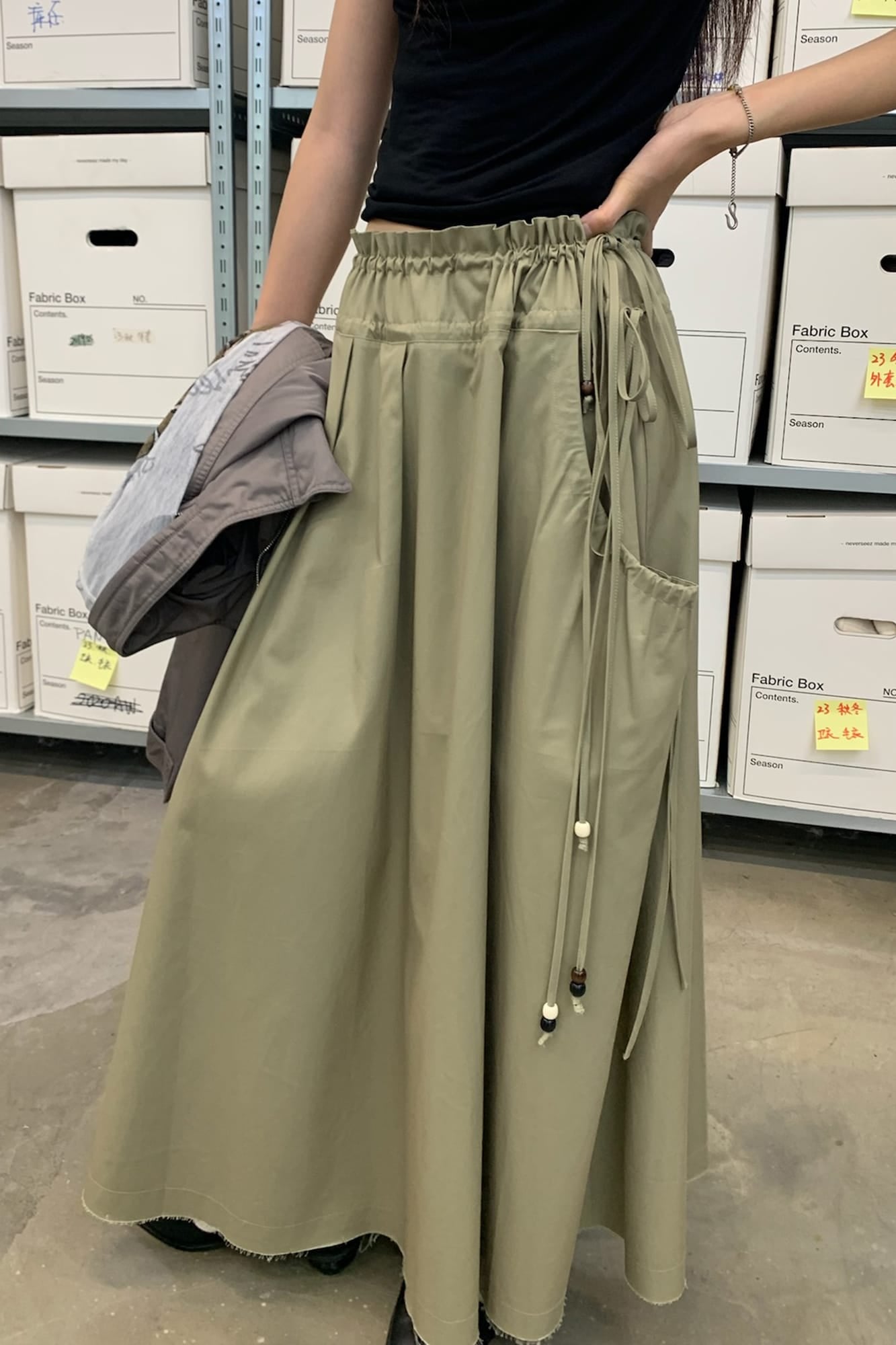 NEVERSEEZ Drawstring Ruched Utility Pocket Maxi Skirt
