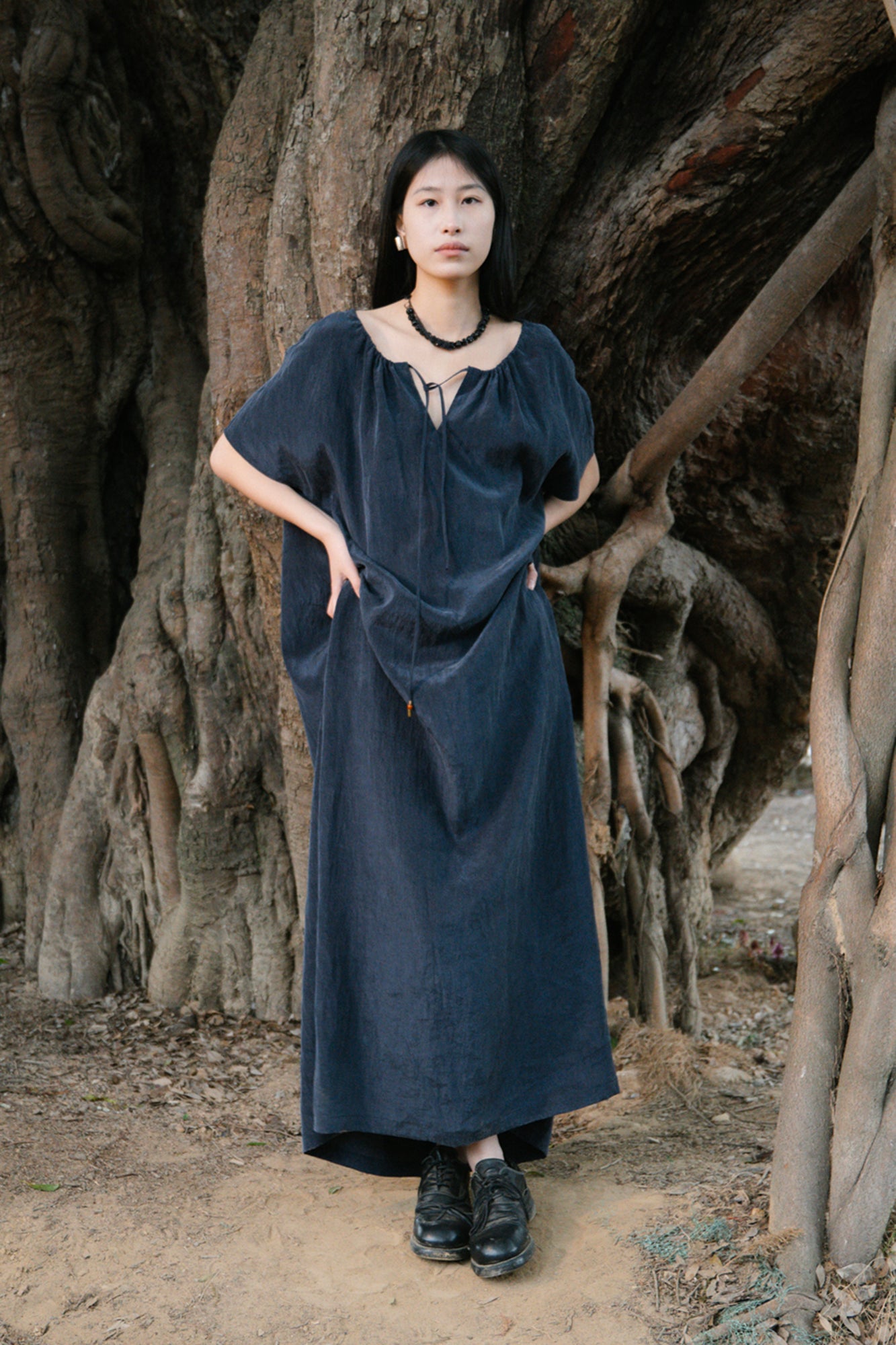 CAIRA Washed Drawstring Neck Maxi Dress