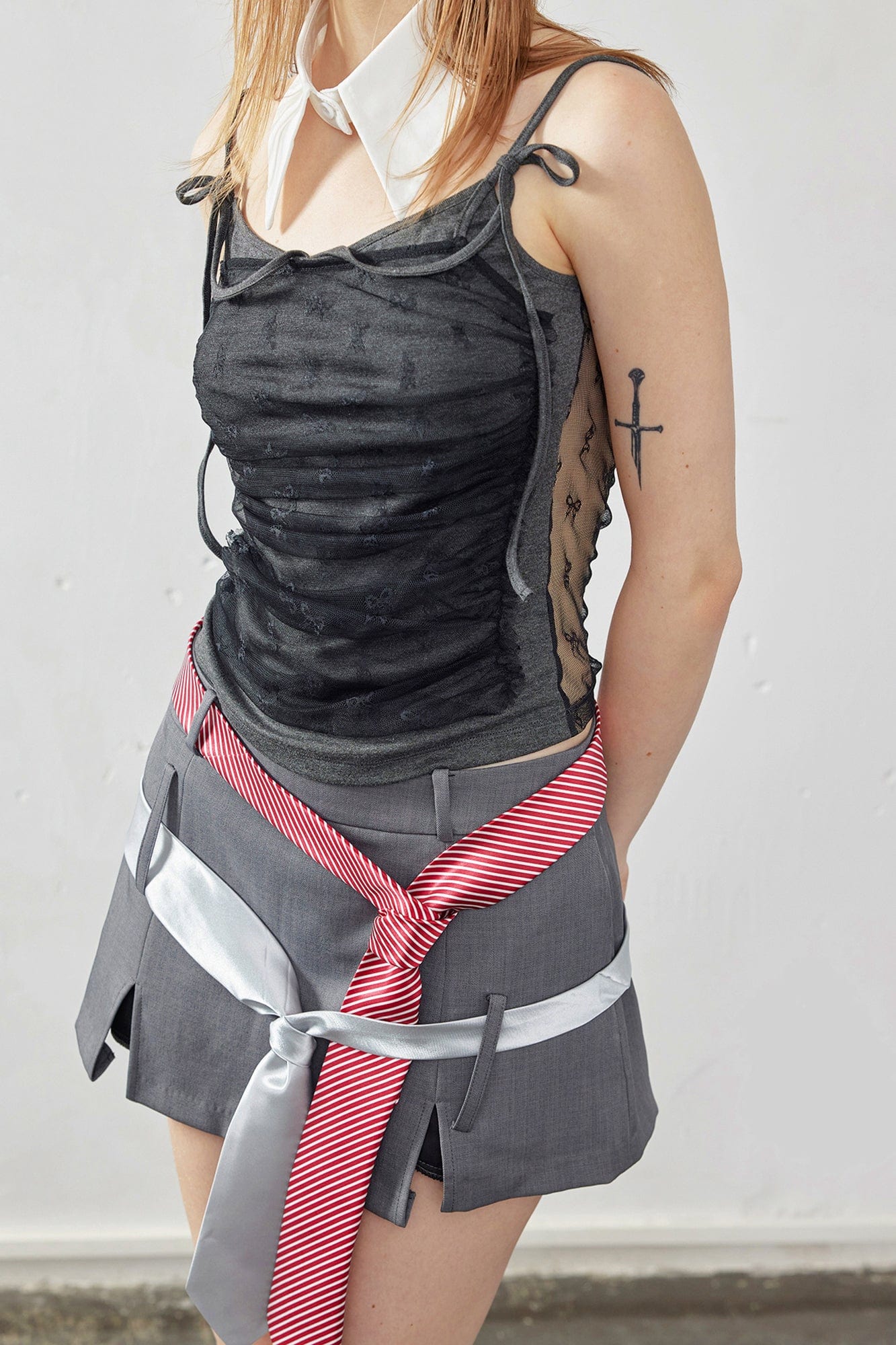 EMOHA Necktie Belt Slit Hem Mini Skirt