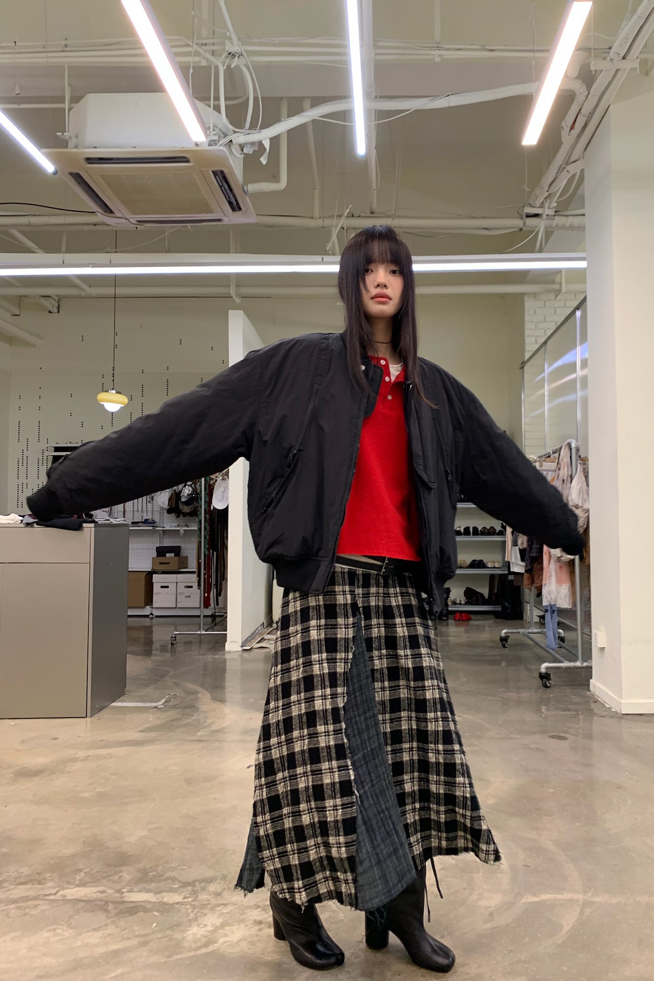 NEVERSEEZ Raw-Edge Plaid Panel Midi Skirt