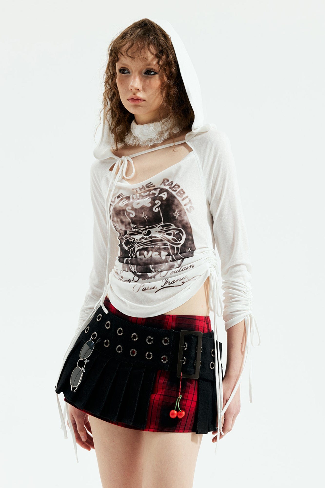EMOHA Pleated Overlay Belted Plaid Mini Skirt